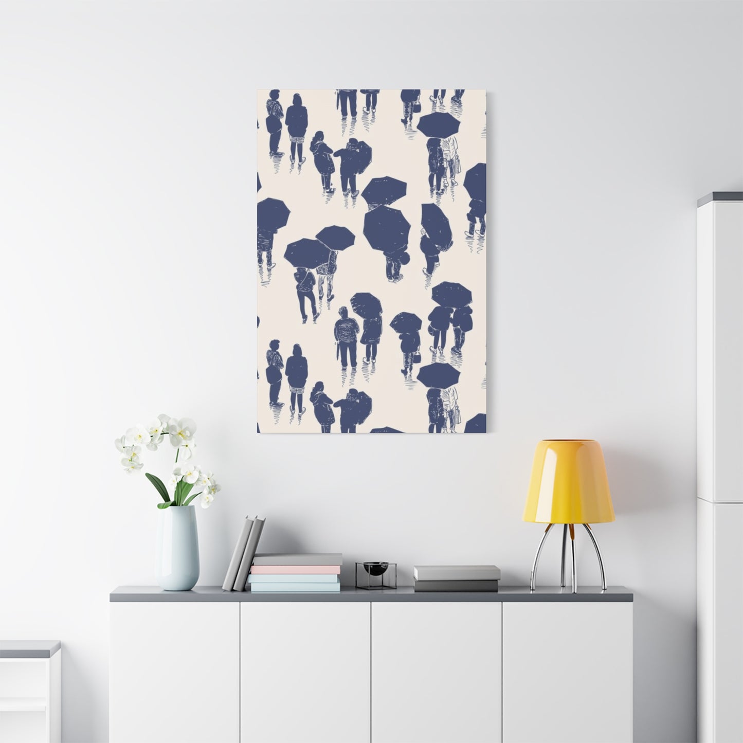 Navy Blue People in Rainy Town Wall Art & Canvas Prints