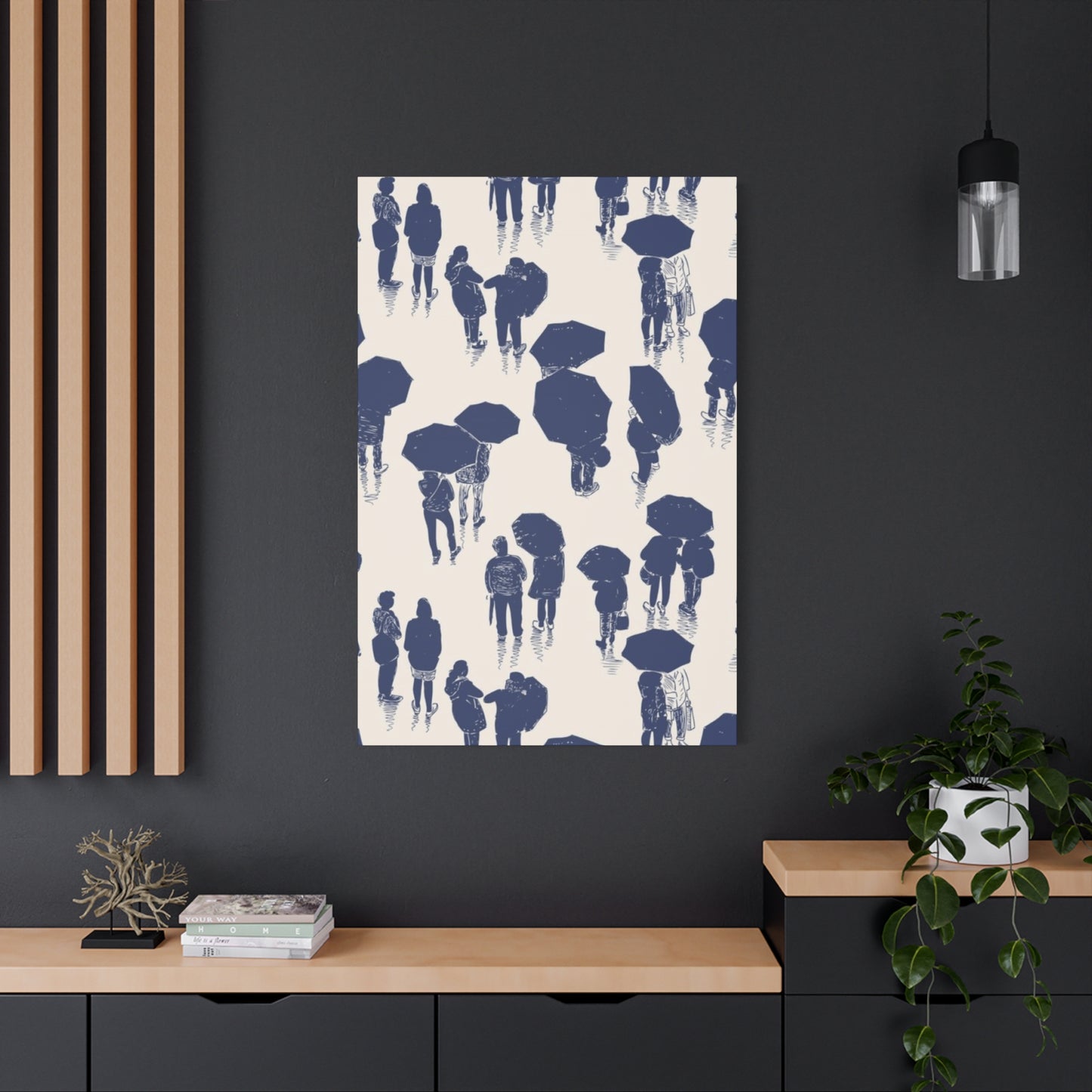 Navy Blue People in Rainy Town Wall Art & Canvas Prints