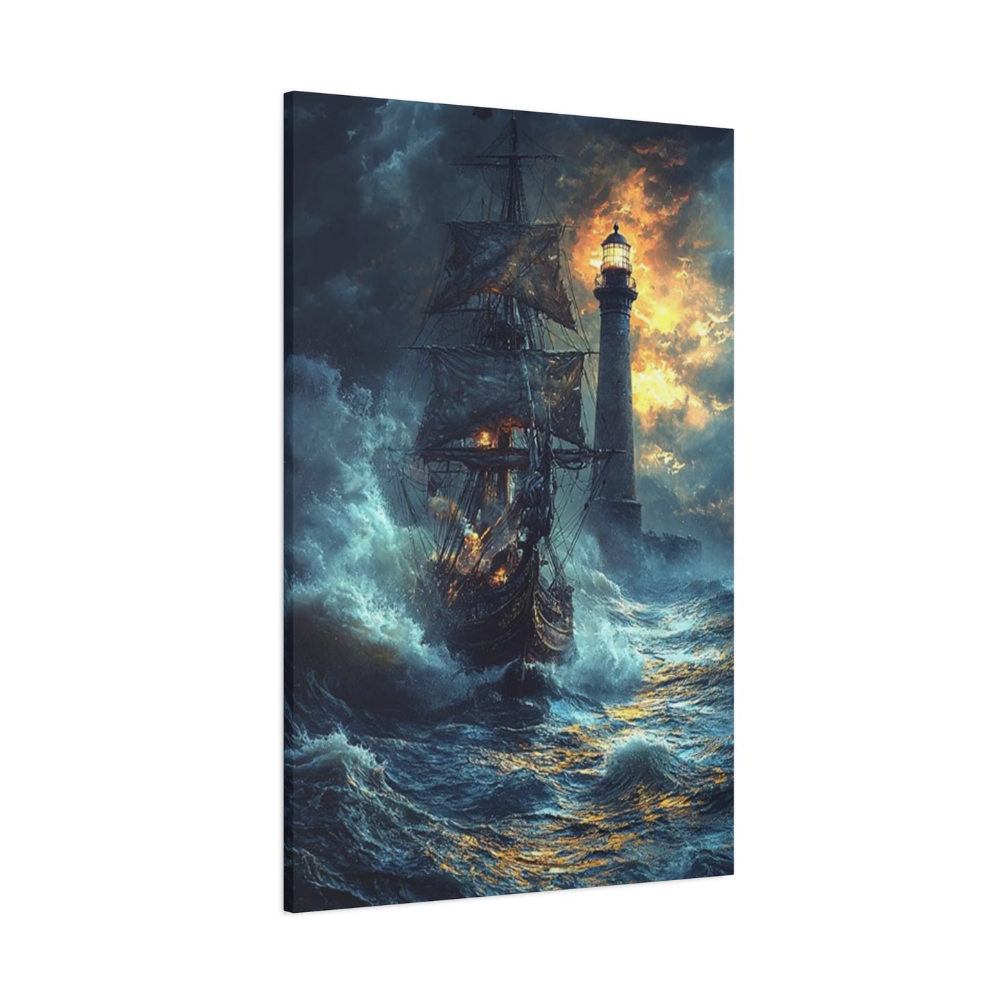 Lighthouse & Ship Sailing In Sea At Night Wall Art & Canvas Prints