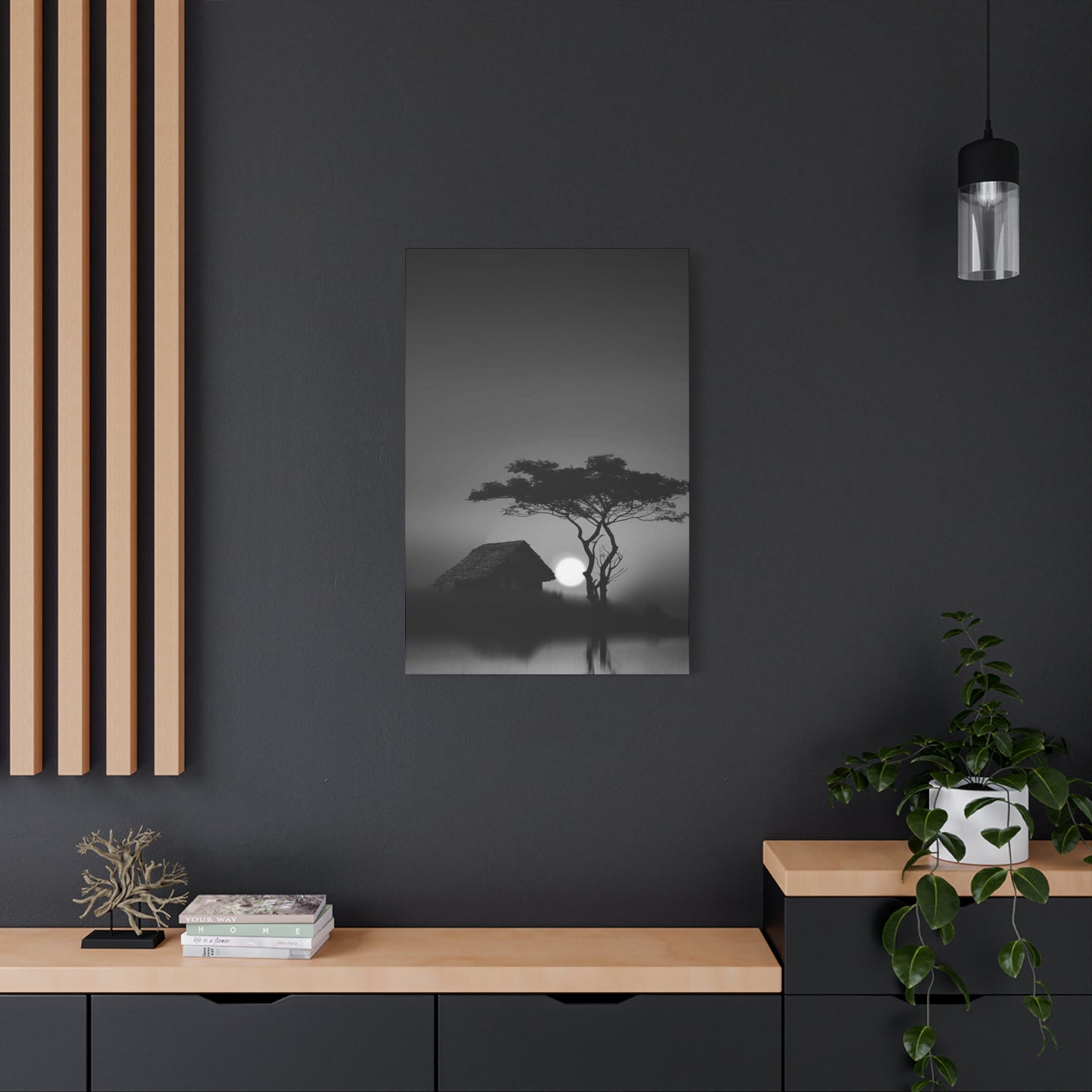 Black & White Hut With Tree Wall Art & Canvas Prints
