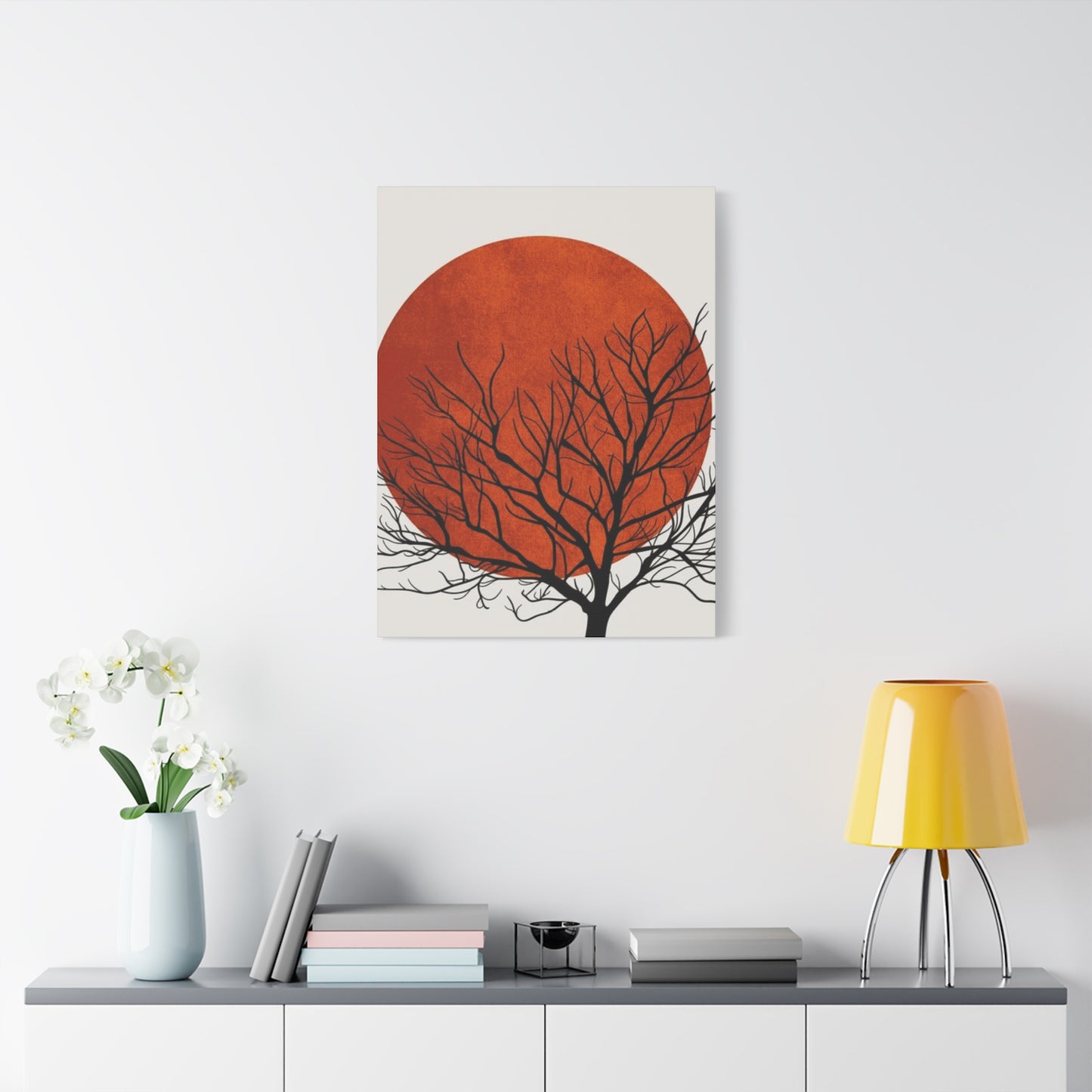 Dry Tree Silhouette with Orange Sun Wall Art & Canvas Prints