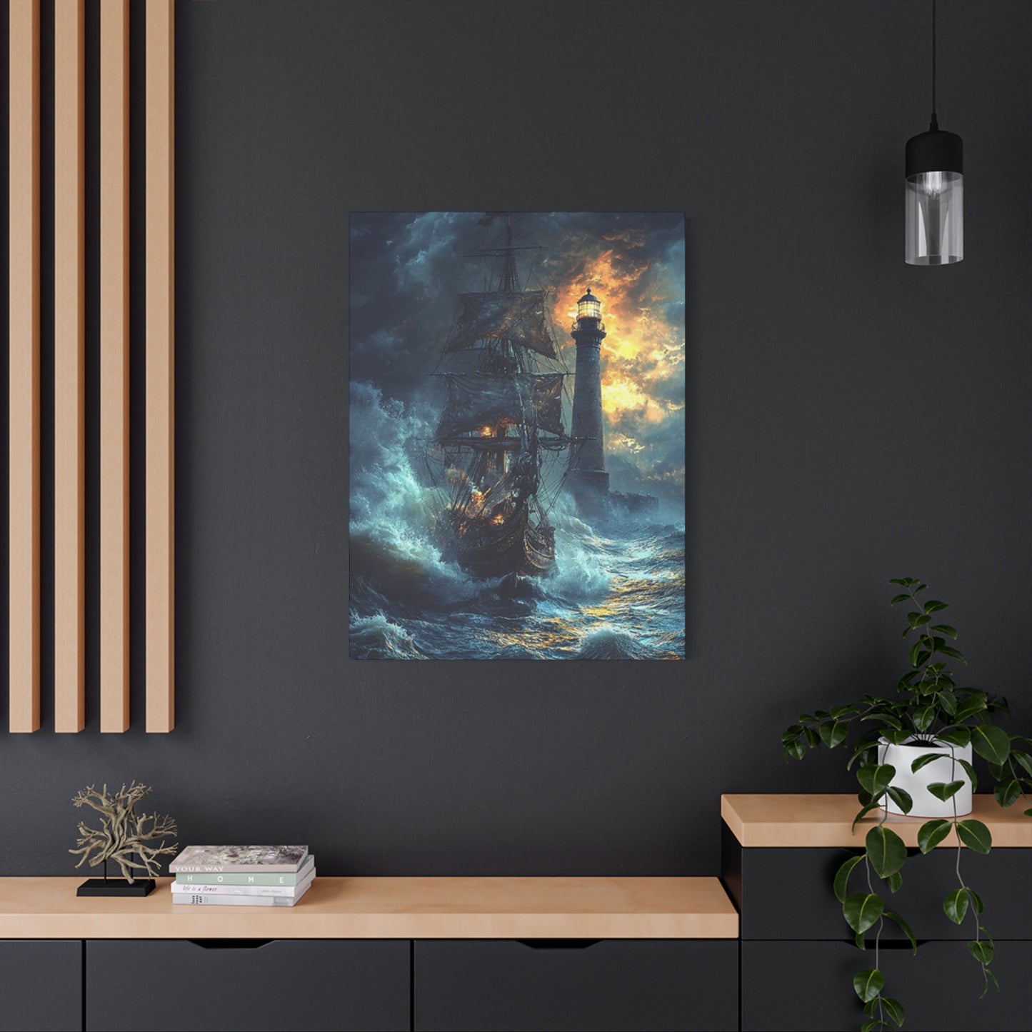 Lighthouse & Ship Sailing In Sea At Night Wall Art & Canvas Prints