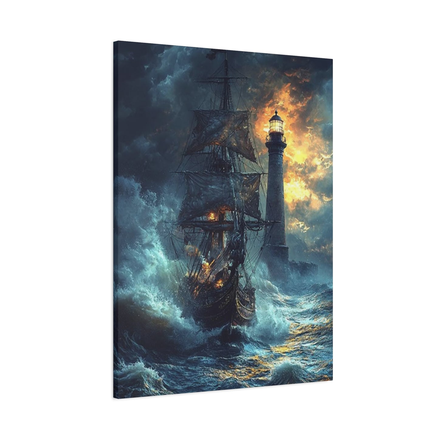 Lighthouse & Ship Sailing In Sea At Night Wall Art & Canvas Prints