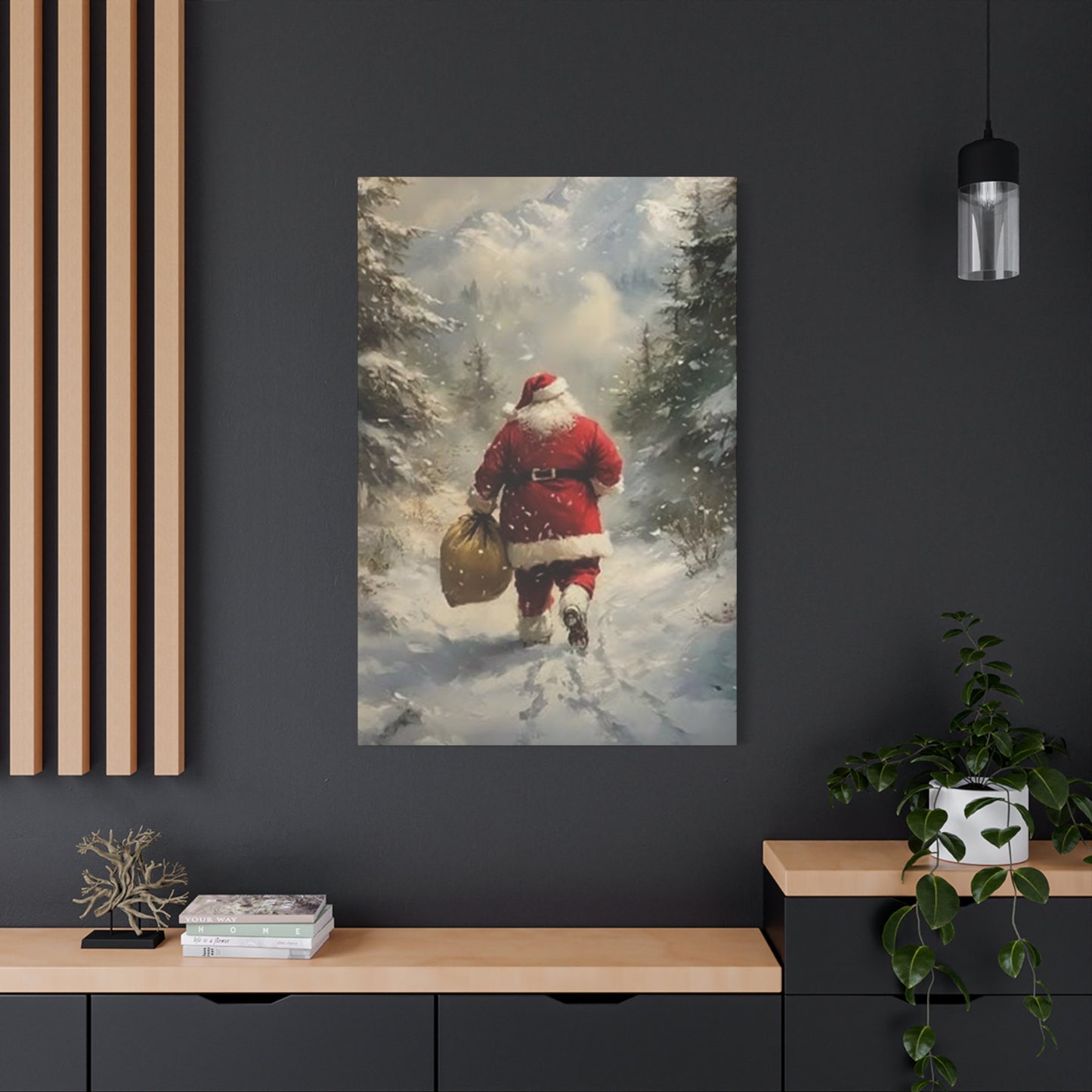 Santa Claus Running In Snow Wall Art & Canvas Prints