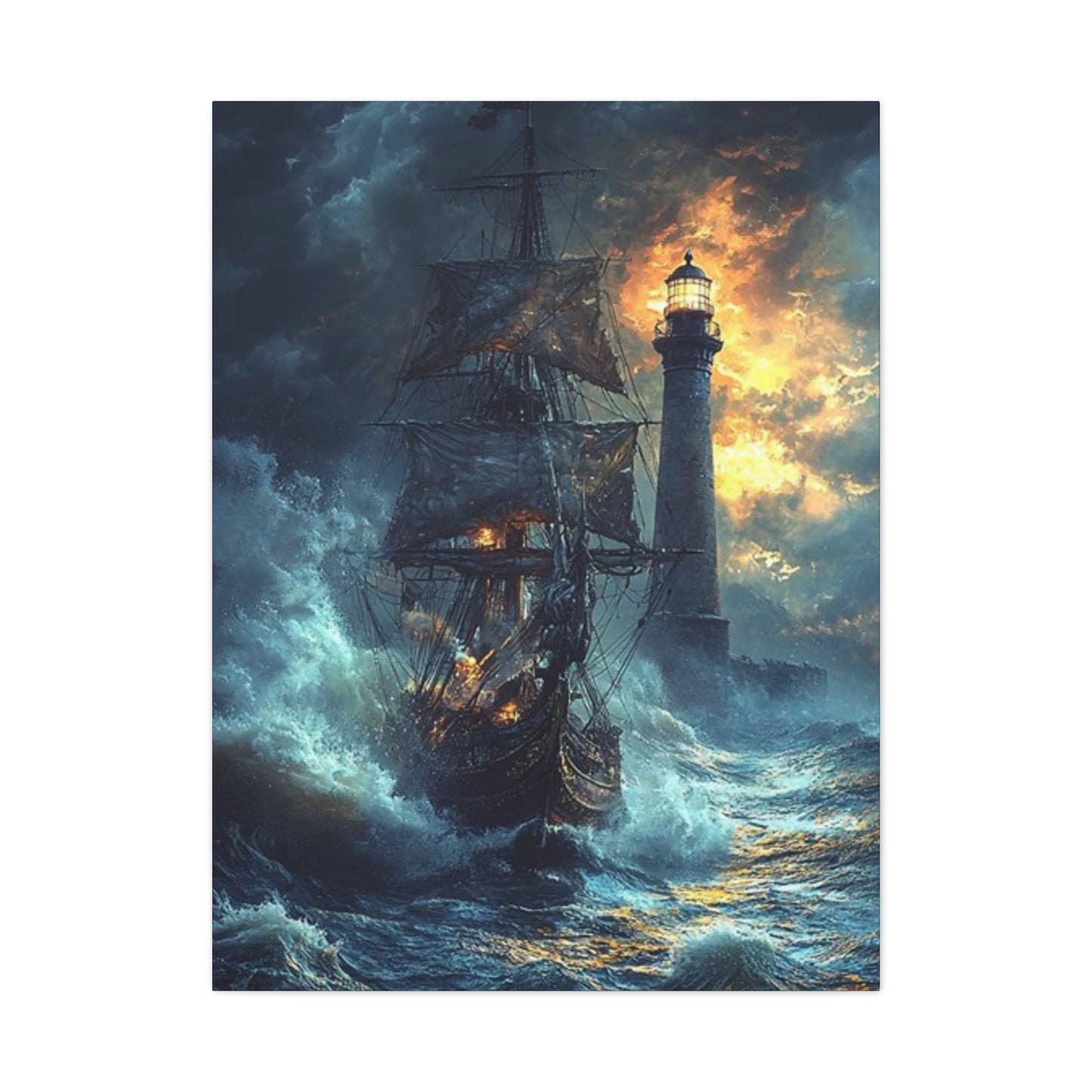 Lighthouse & Ship Sailing In Sea At Night Wall Art & Canvas Prints