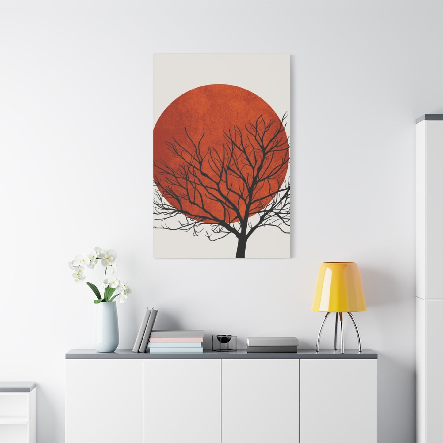 Dry Tree Silhouette with Orange Sun Wall Art & Canvas Prints