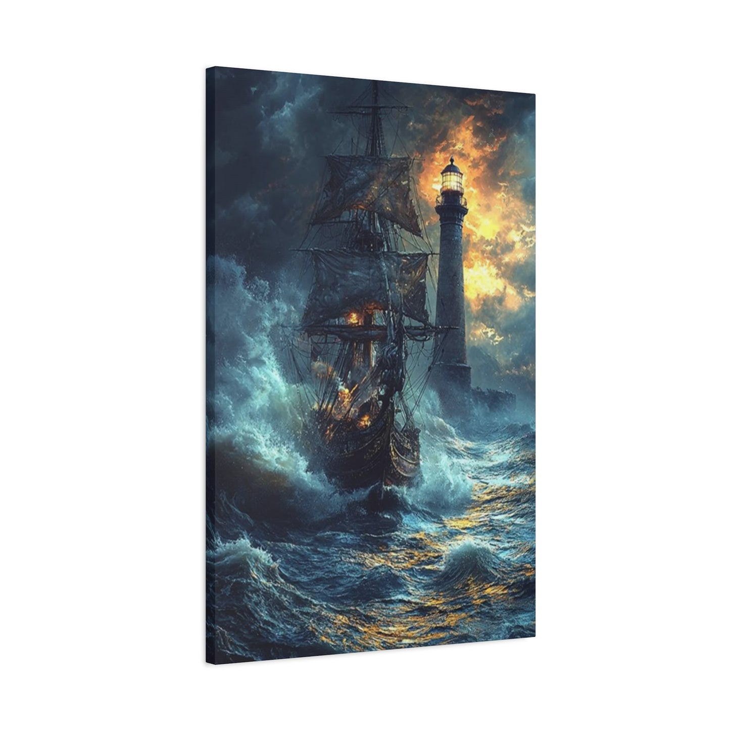 Lighthouse & Ship Sailing In Sea At Night Wall Art & Canvas Prints