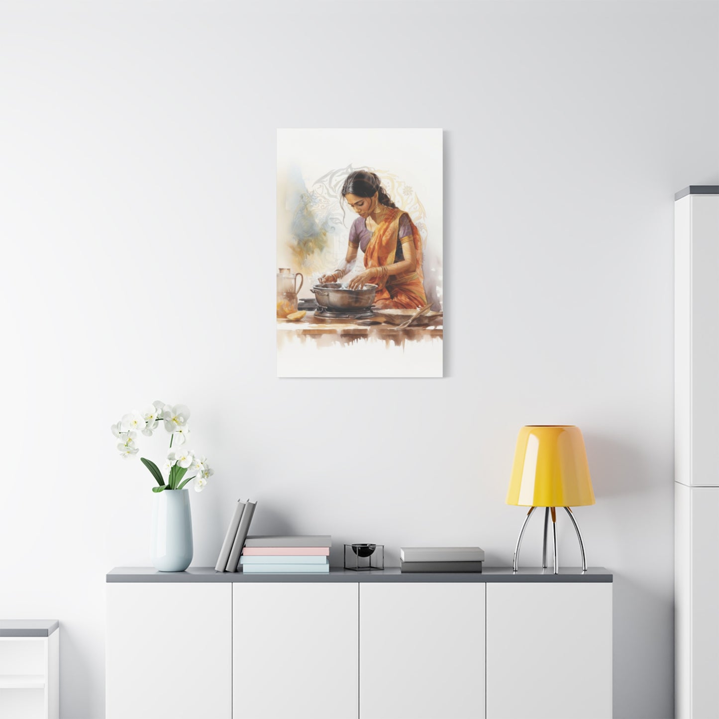 Indian Women In Saree Cooking Wall Art & Canvas Prints