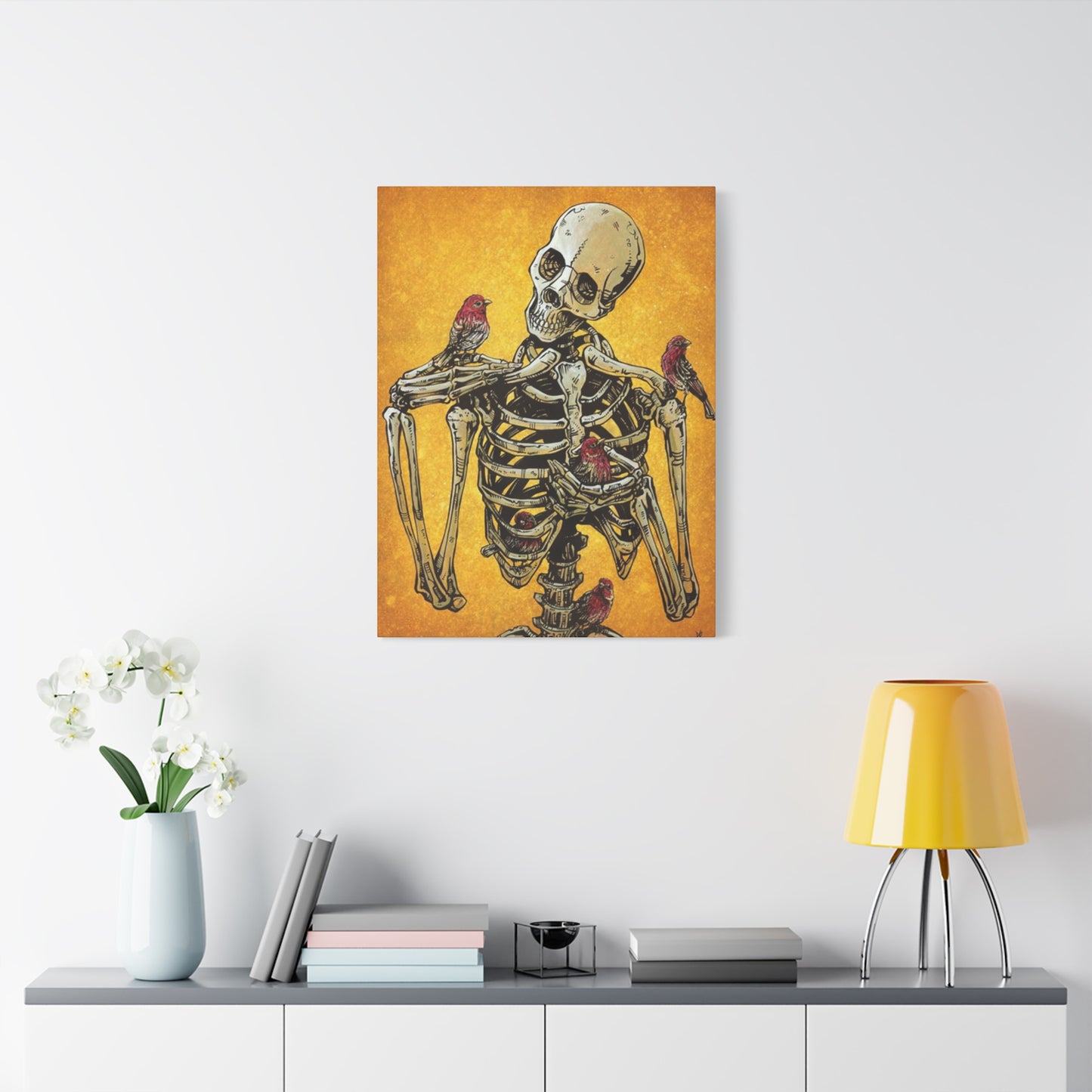 Bird On Skeleton Wall Art & Canvas Prints
