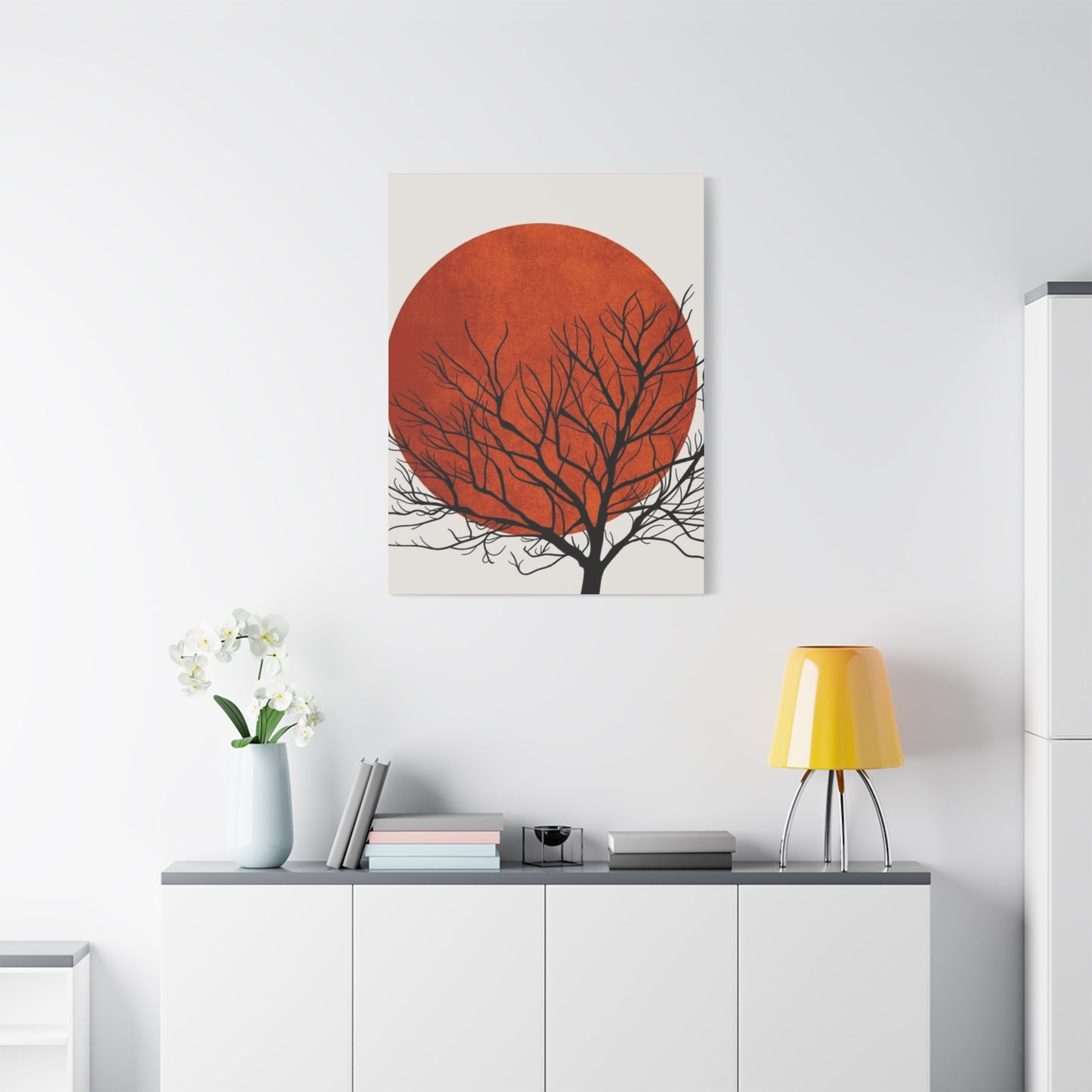 Dry Tree Silhouette with Orange Sun Wall Art & Canvas Prints