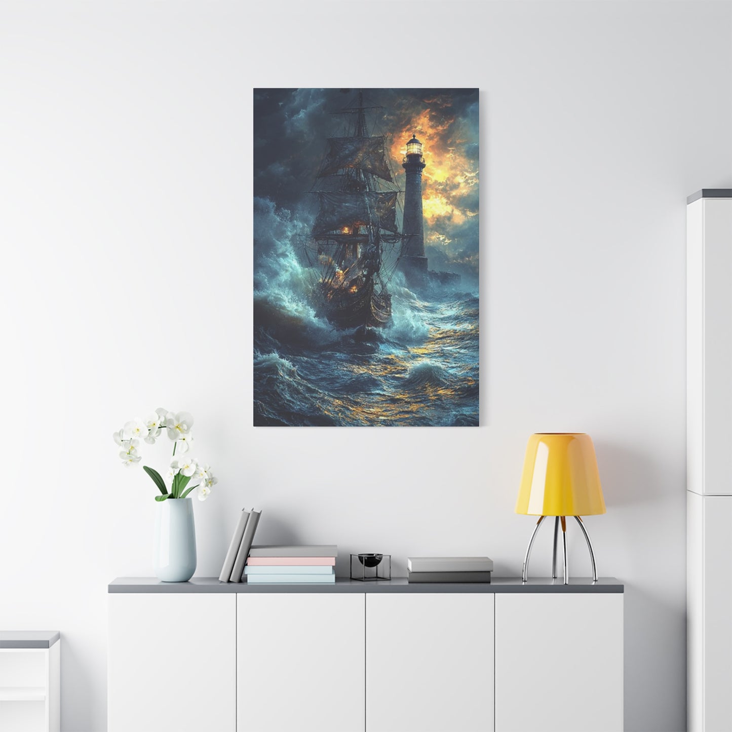 Lighthouse & Ship Sailing In Sea At Night Wall Art & Canvas Prints