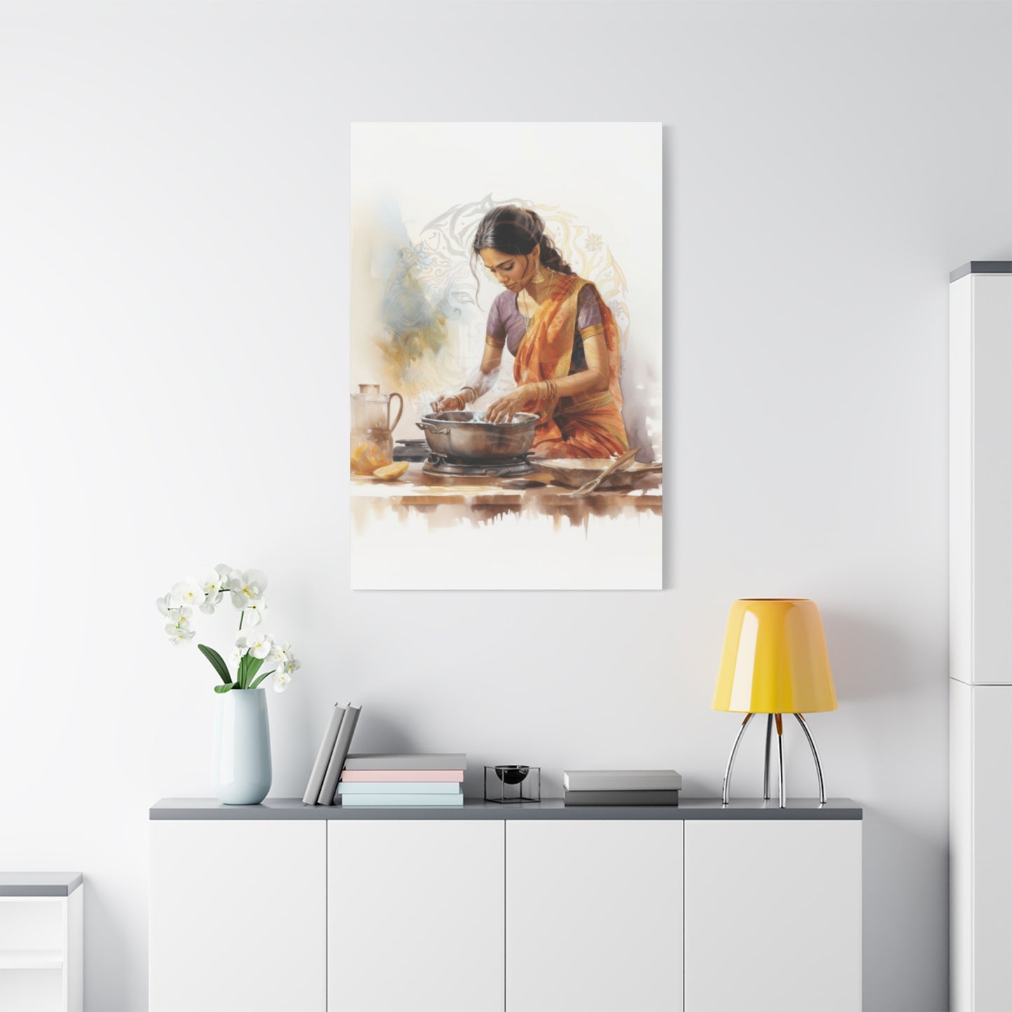 Indian Women In Saree Cooking Wall Art & Canvas Prints