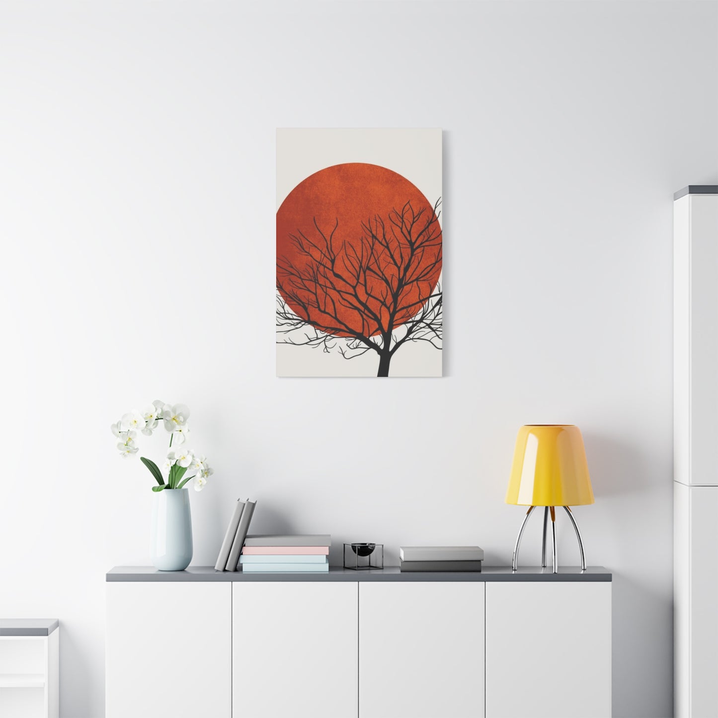 Dry Tree Silhouette with Orange Sun Wall Art & Canvas Prints