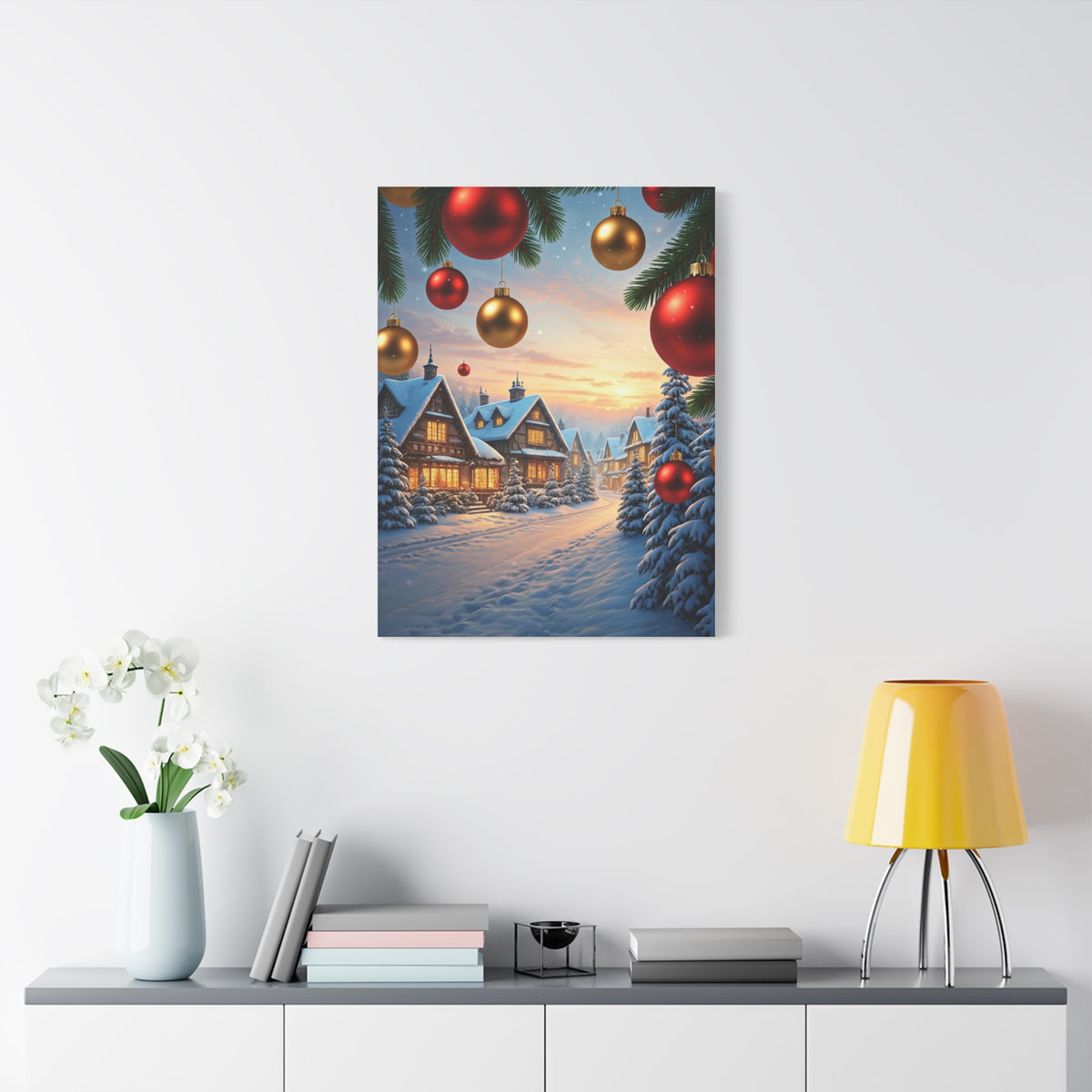 Snowy Christmas Village With Festive Ornaments Wall Art & Canvas Print