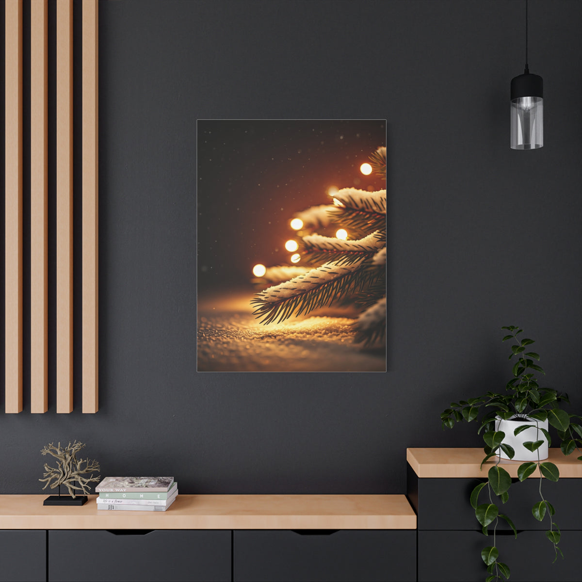 Snowy Pine Branch Fairy Lights Wall Art & Canvas Print