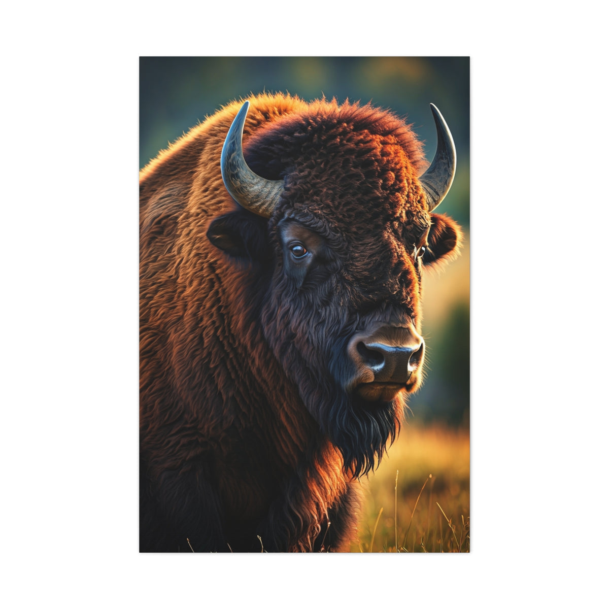 Golden Hour Bison Side Portrait with Warm Prairie Light Wall Art & Canvas Print