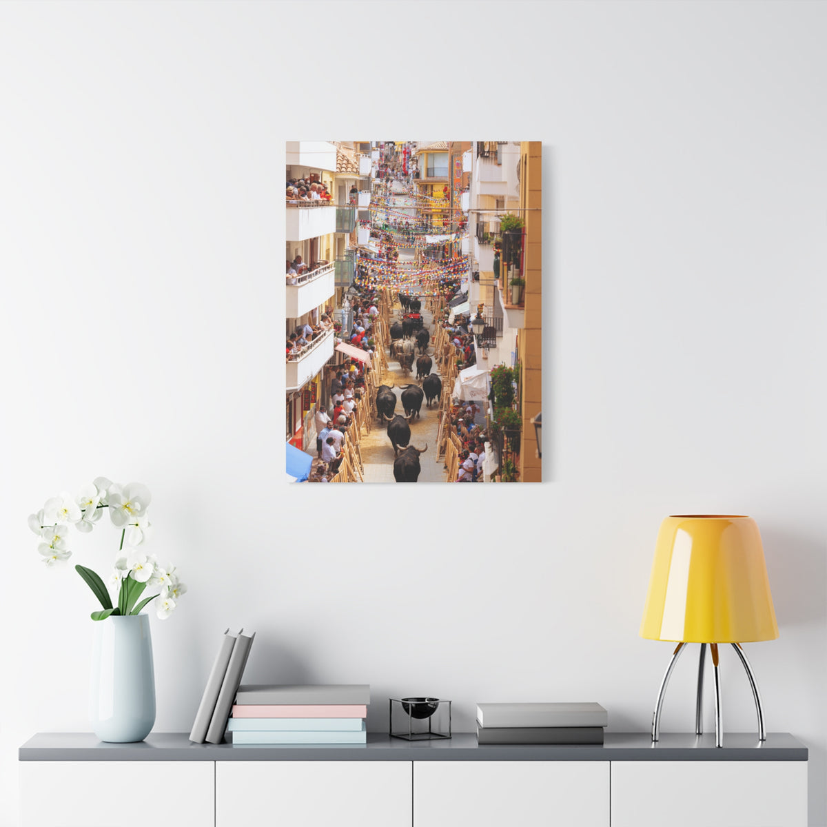 Spanish Village Bull Festival Street Scene Wall Art & Canvas Print