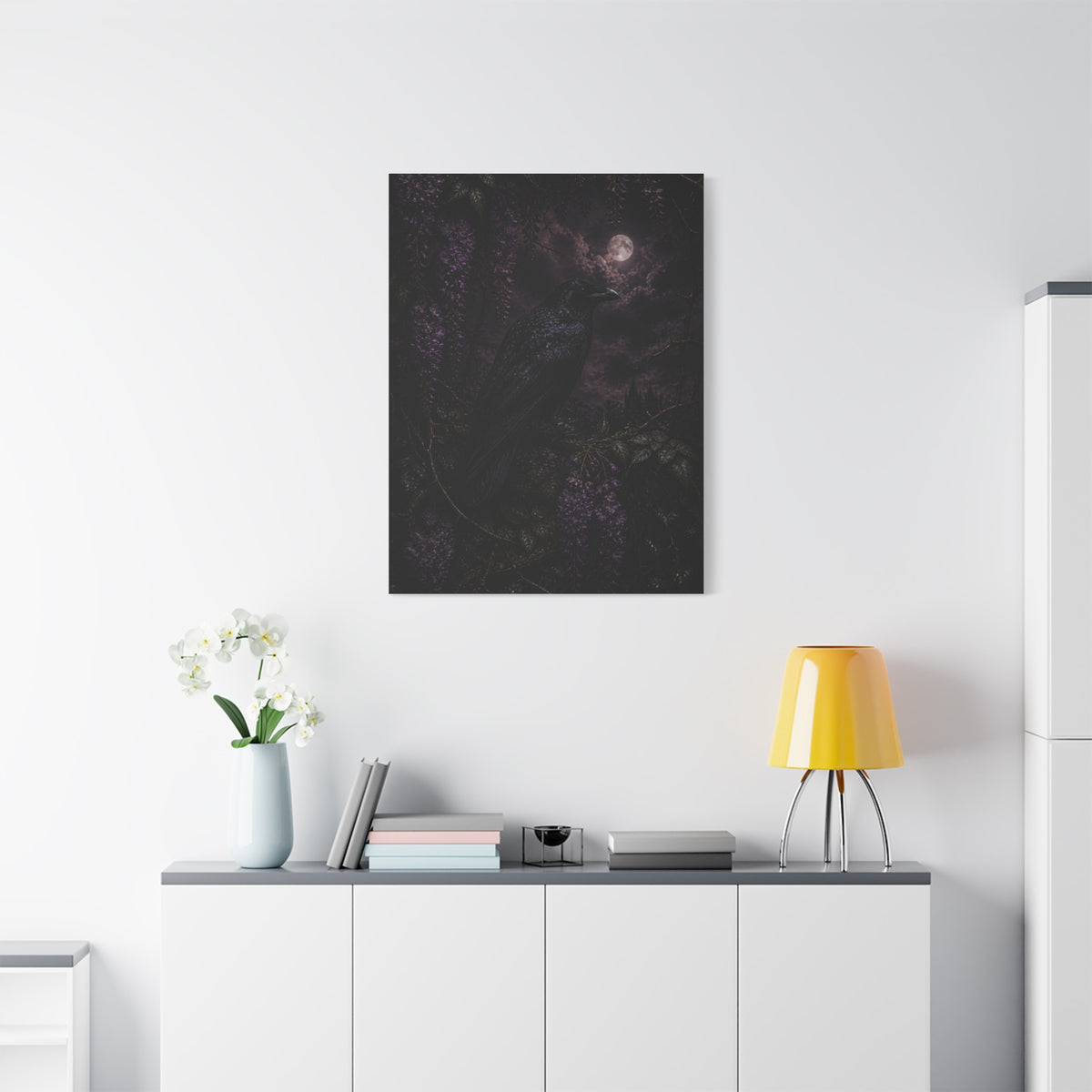 Raven in Wisteria Moonlit Scene Wall Art & Canvas Print