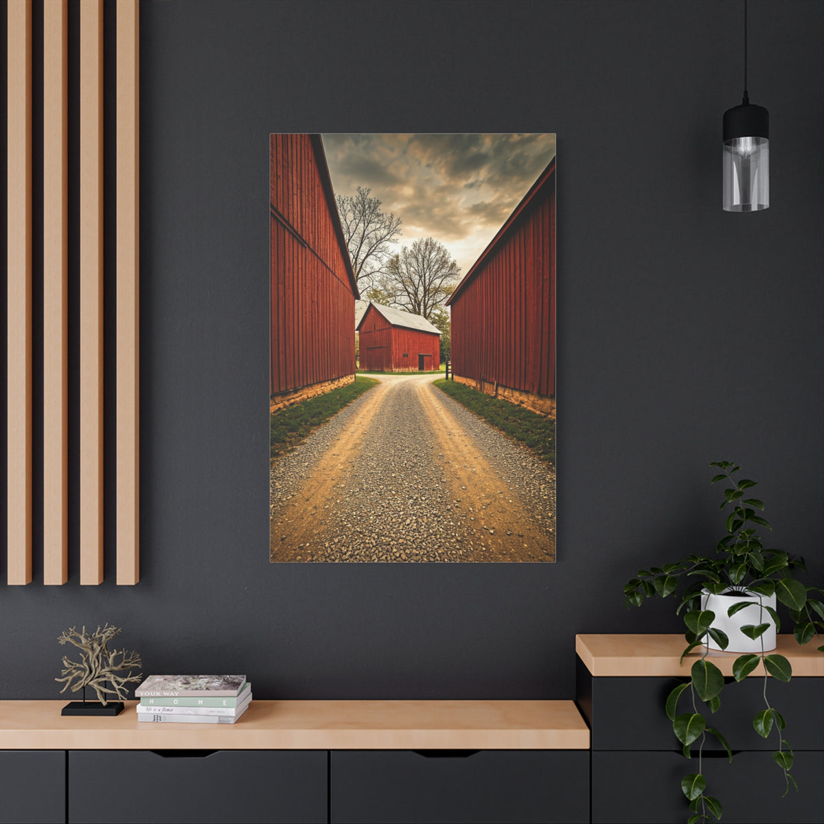 Country Lane Between Red Barns Wall Art & Canvas Prints