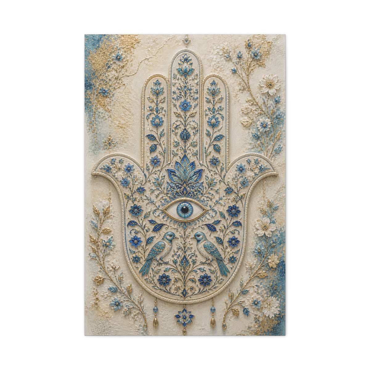 Blue Floral Hamsa Sacred Symbol Wall Art & Canvas Print