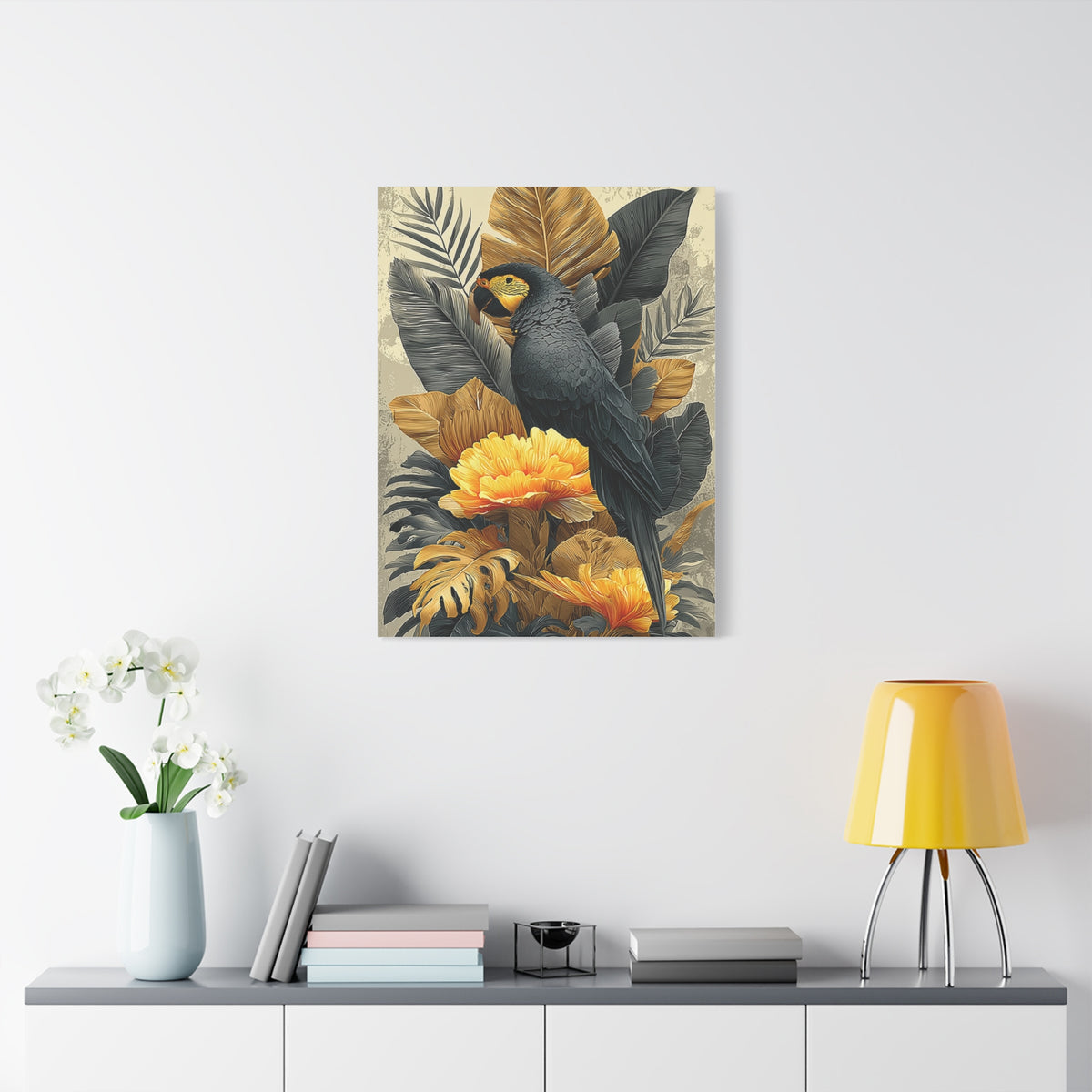 Black and Gold Tropical Parrot Wall Art & Canvas Print