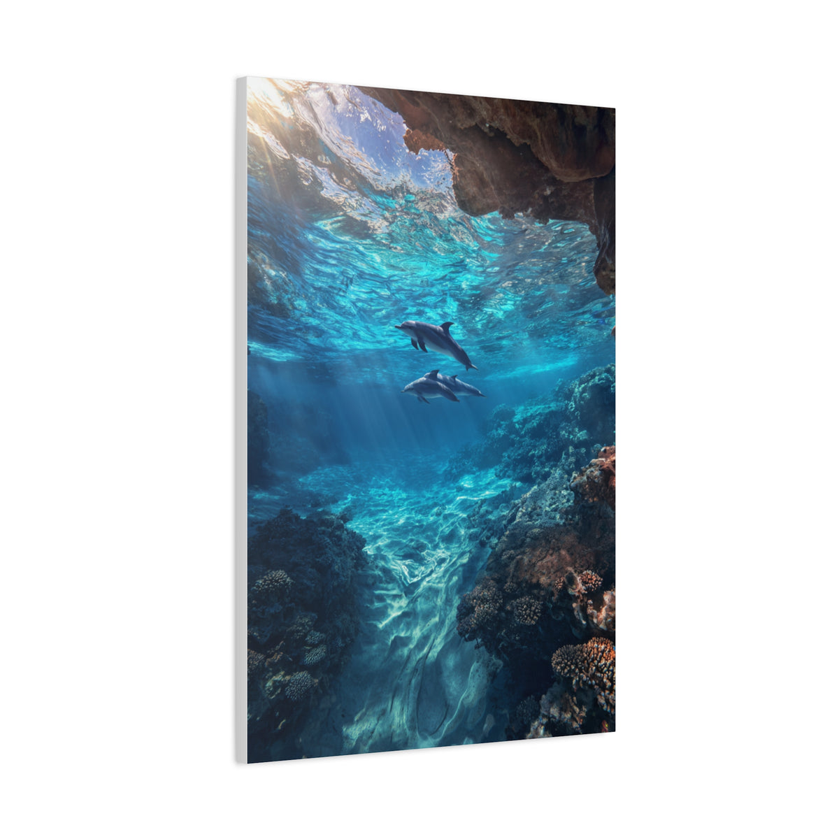 Dolphins Swimming Beneath Sunlit Ocean Waters Wall Art & Canvas Print