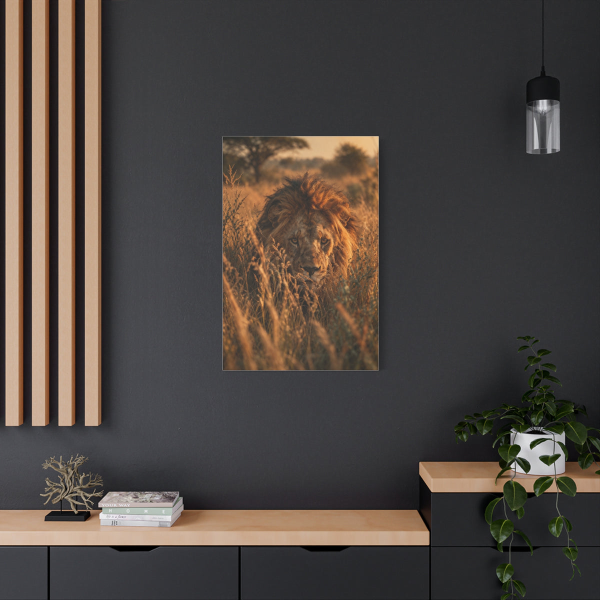 Lion Stalking Through Savannah Grass Wall Art & Canvas Print