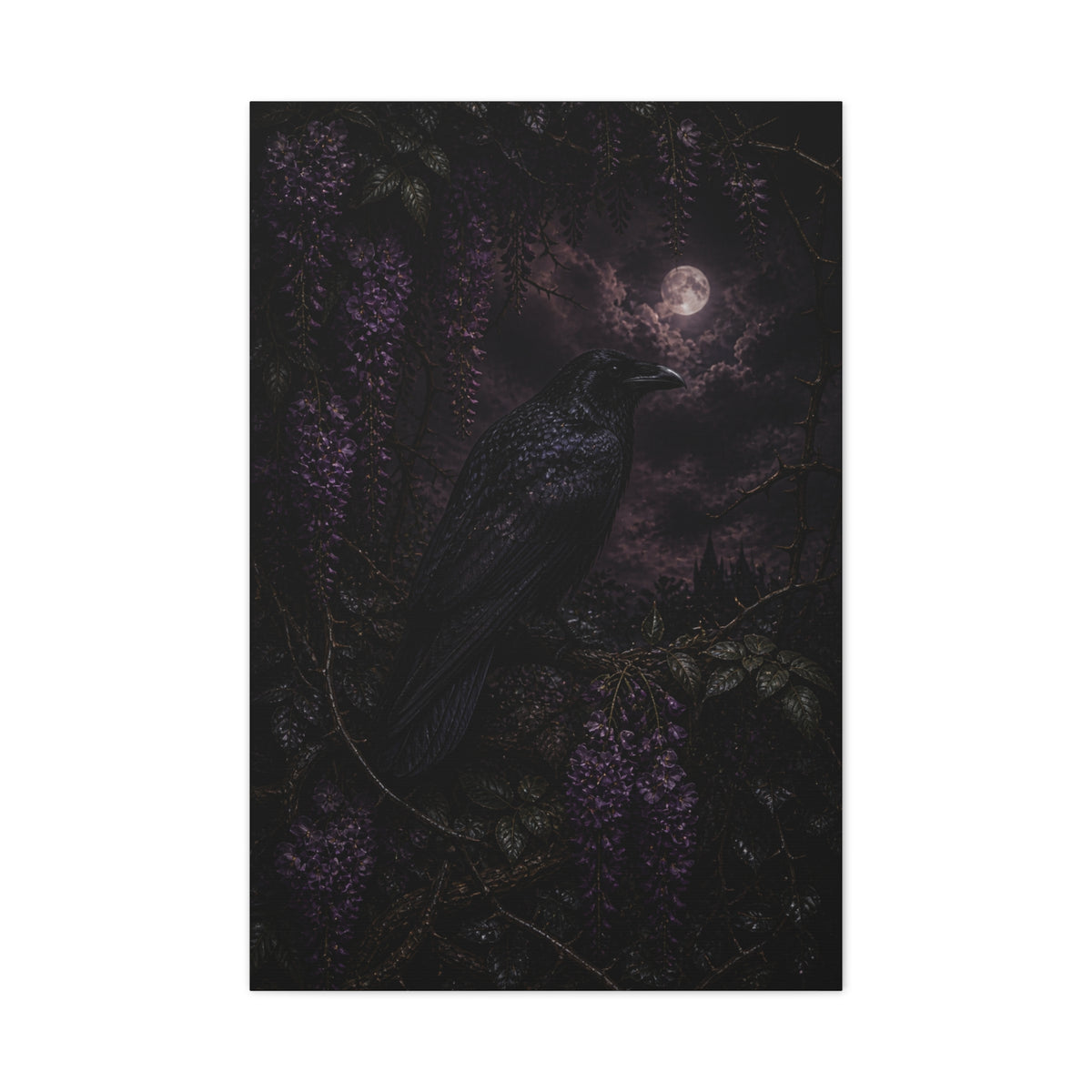 Raven in Wisteria Moonlit Scene Wall Art & Canvas Print