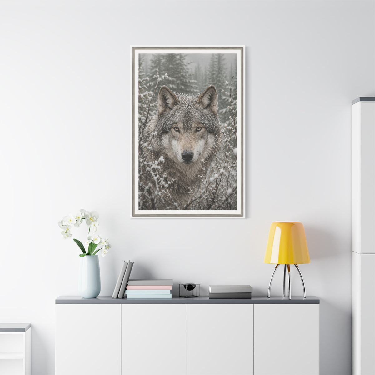 Snow Forest Gray Wolf Framed Portrait Wall Art & Canvas Print
