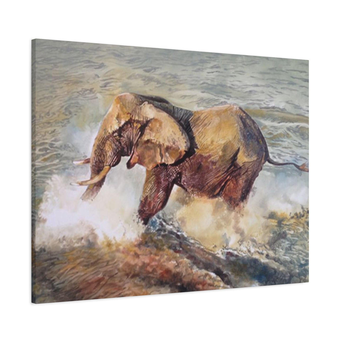 Bathing Elephant Wildlife Painting Wall Art & Canvas Prints