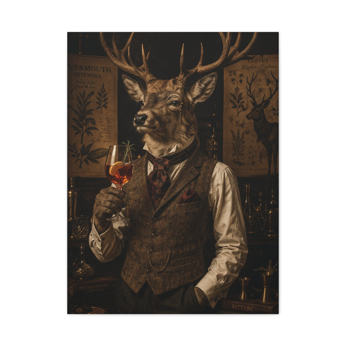 Vintage Botanical Stag Sommelier Portrait Wall Art & Canvas Print