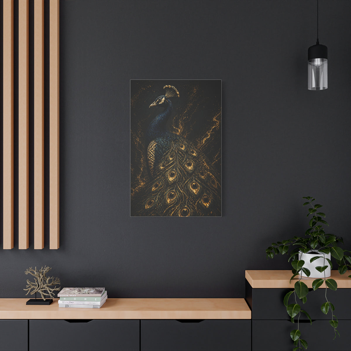 Black and Gold Regal Peacock Wall Art & Canvas Print