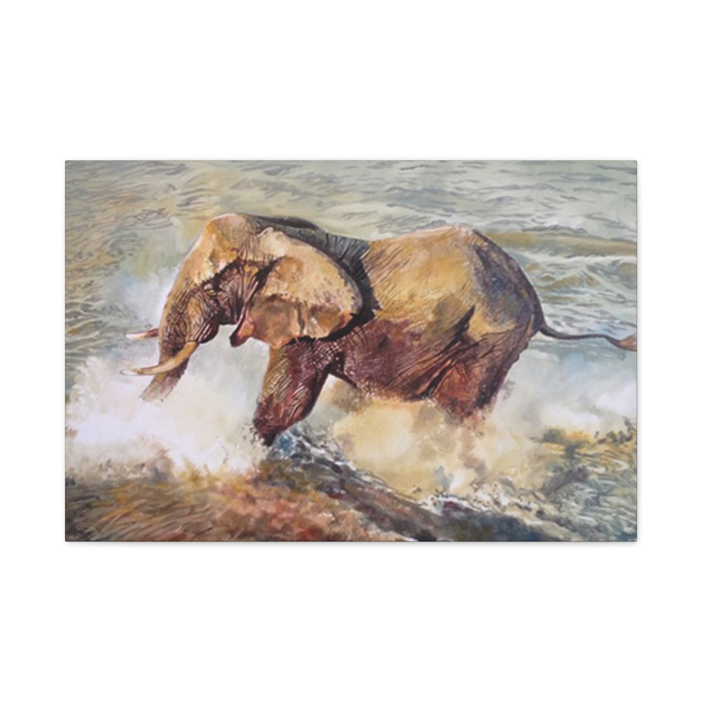 Bathing Elephant Wildlife Painting Wall Art & Canvas Prints
