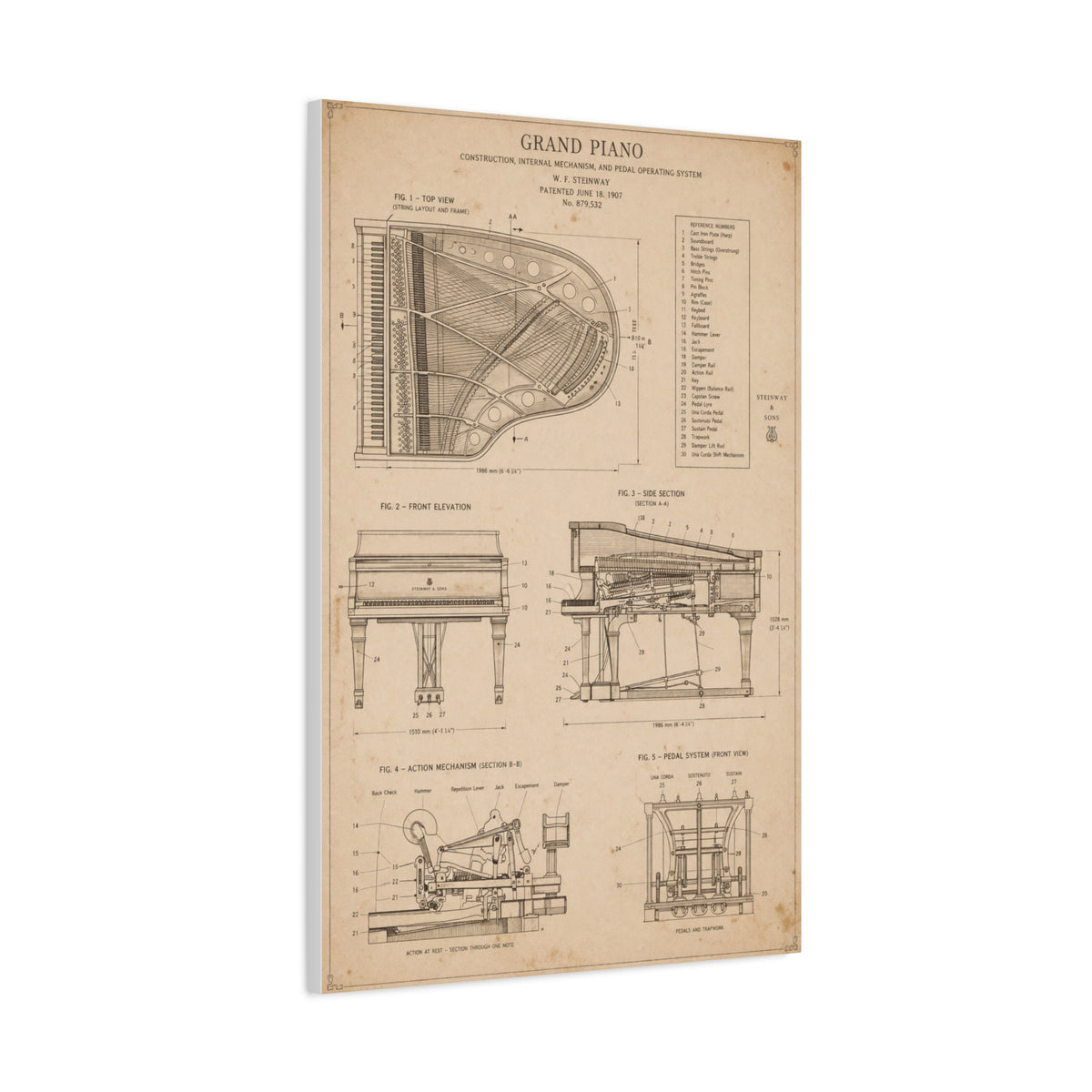 Steinway Grand Piano Technical Diagram Wall Art & Canvas Print
