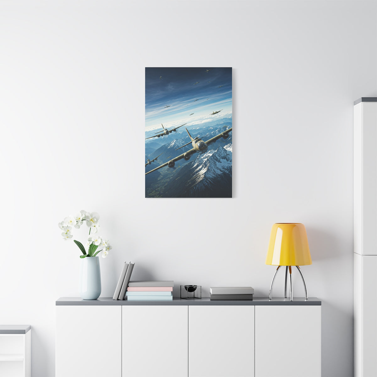 Fighter Squadron Over Mountain Peaks Wall Art & Canvas Prints