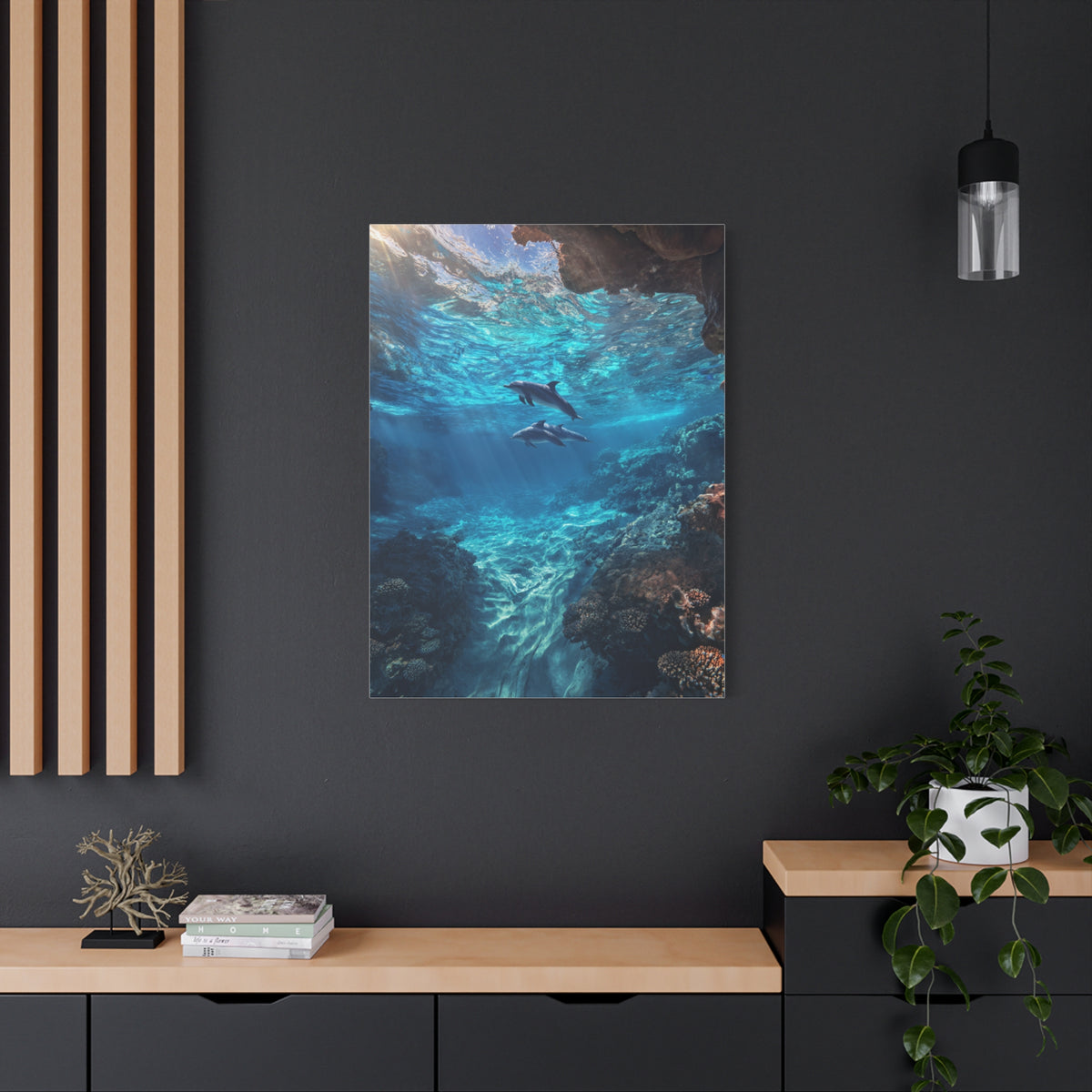 Dolphins Swimming Beneath Sunlit Ocean Waters Wall Art & Canvas Print