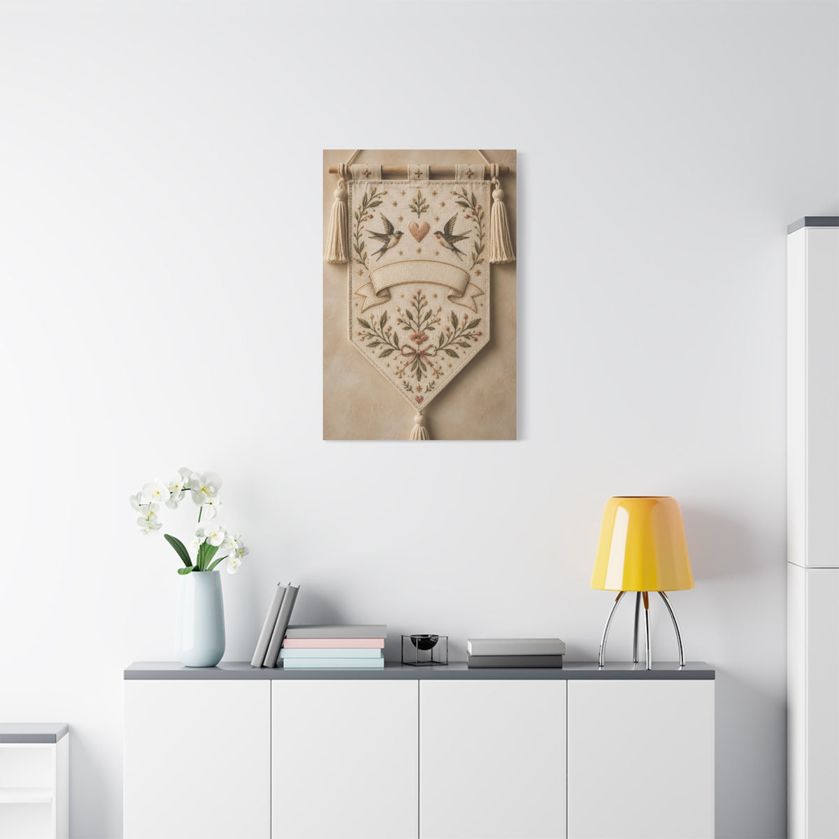Hand-Embroidered Romantic Birds Textile Wall Art & Canvas Print