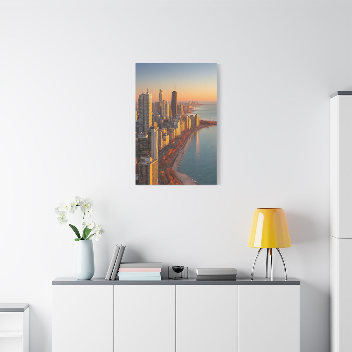 Chicago Skyline Autumn Sunset Along Lake Michigan Wall Art & Canvas Print
