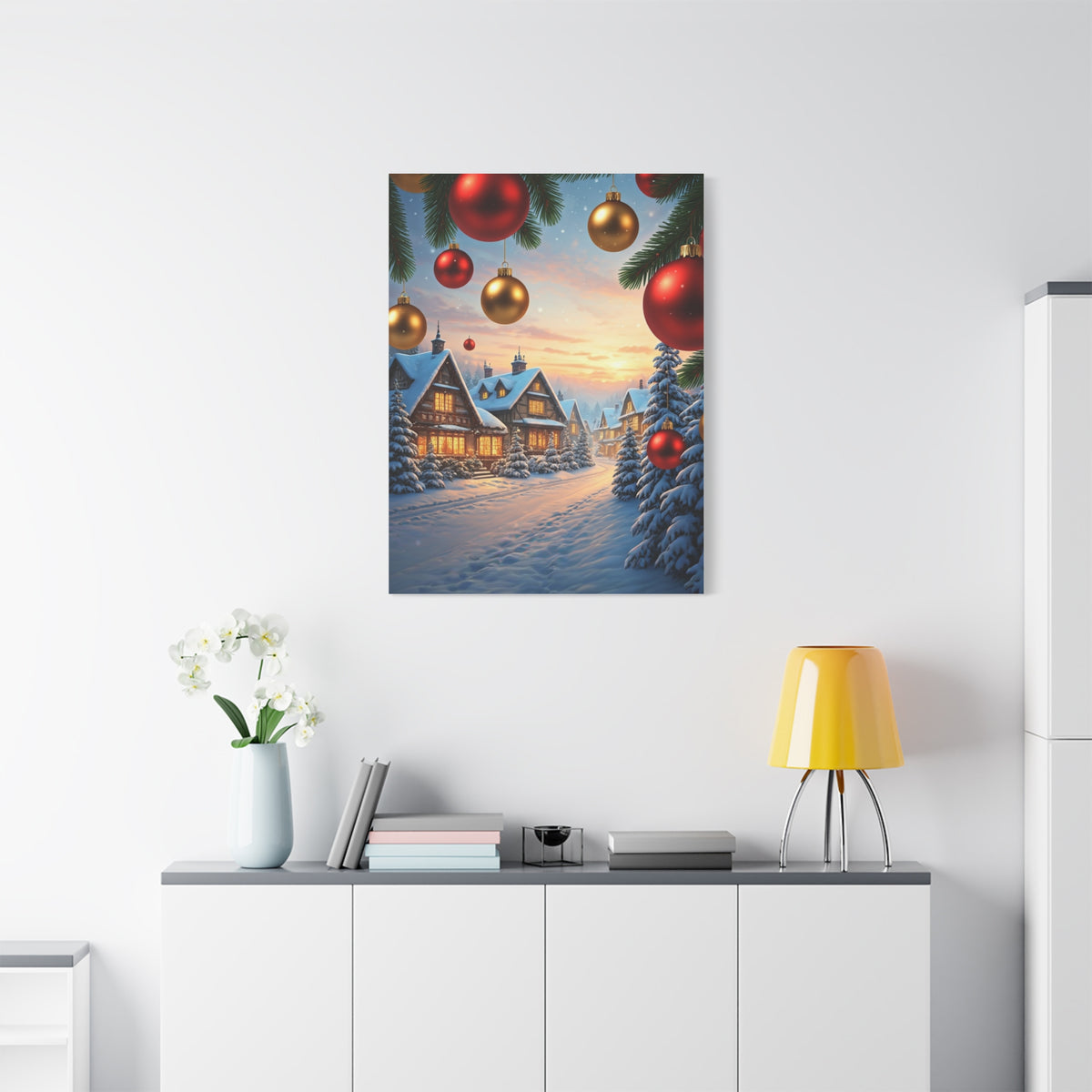 Snowy Christmas Village With Festive Ornaments Wall Art & Canvas Print