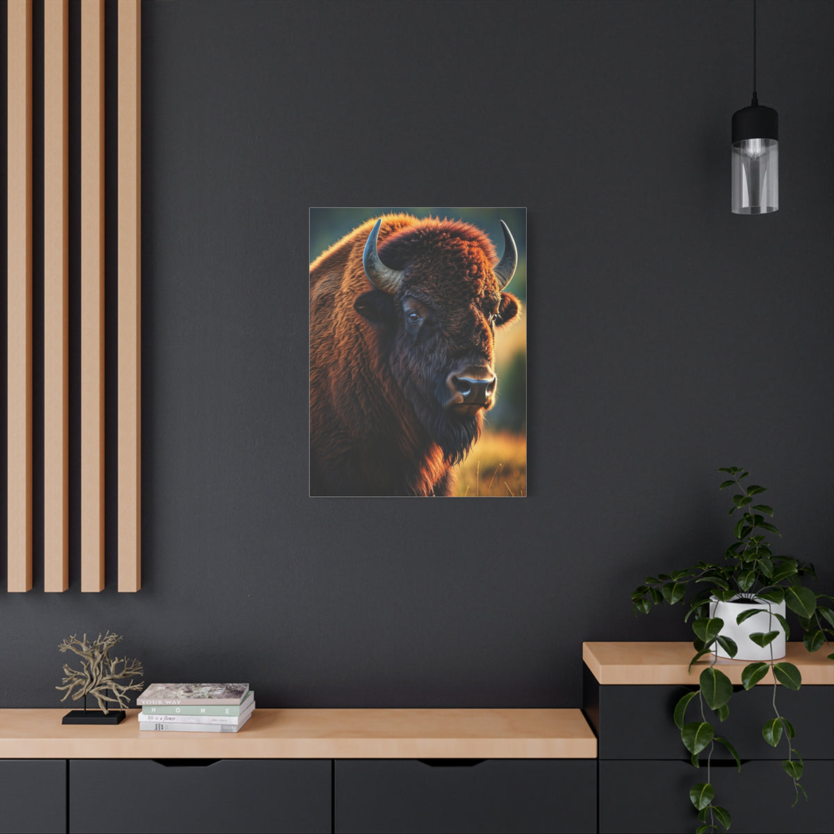Golden Hour Bison Side Portrait with Warm Prairie Light Wall Art & Canvas Print