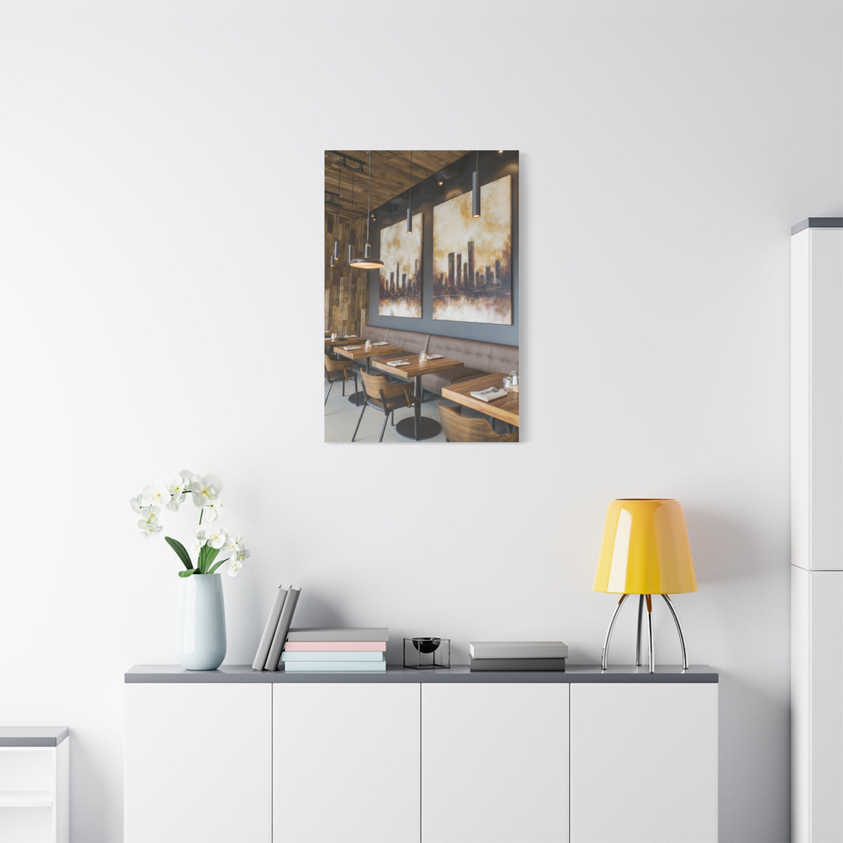 Elegant City Skyline Café Interior Wall Art & Canvas Print