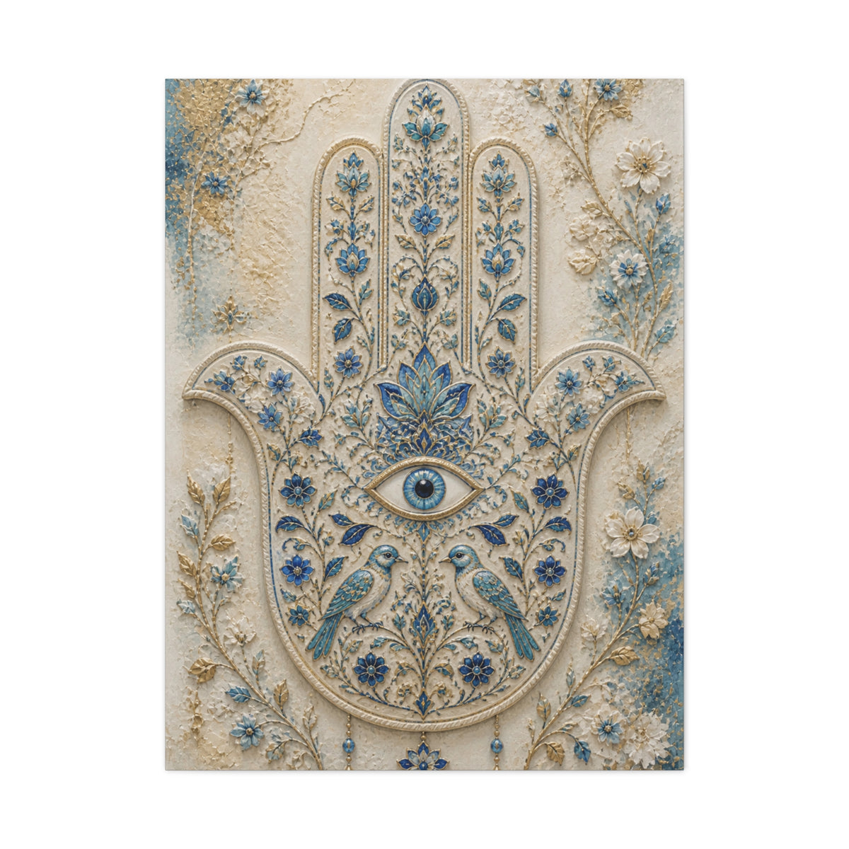 Blue Floral Hamsa Sacred Symbol Wall Art & Canvas Print