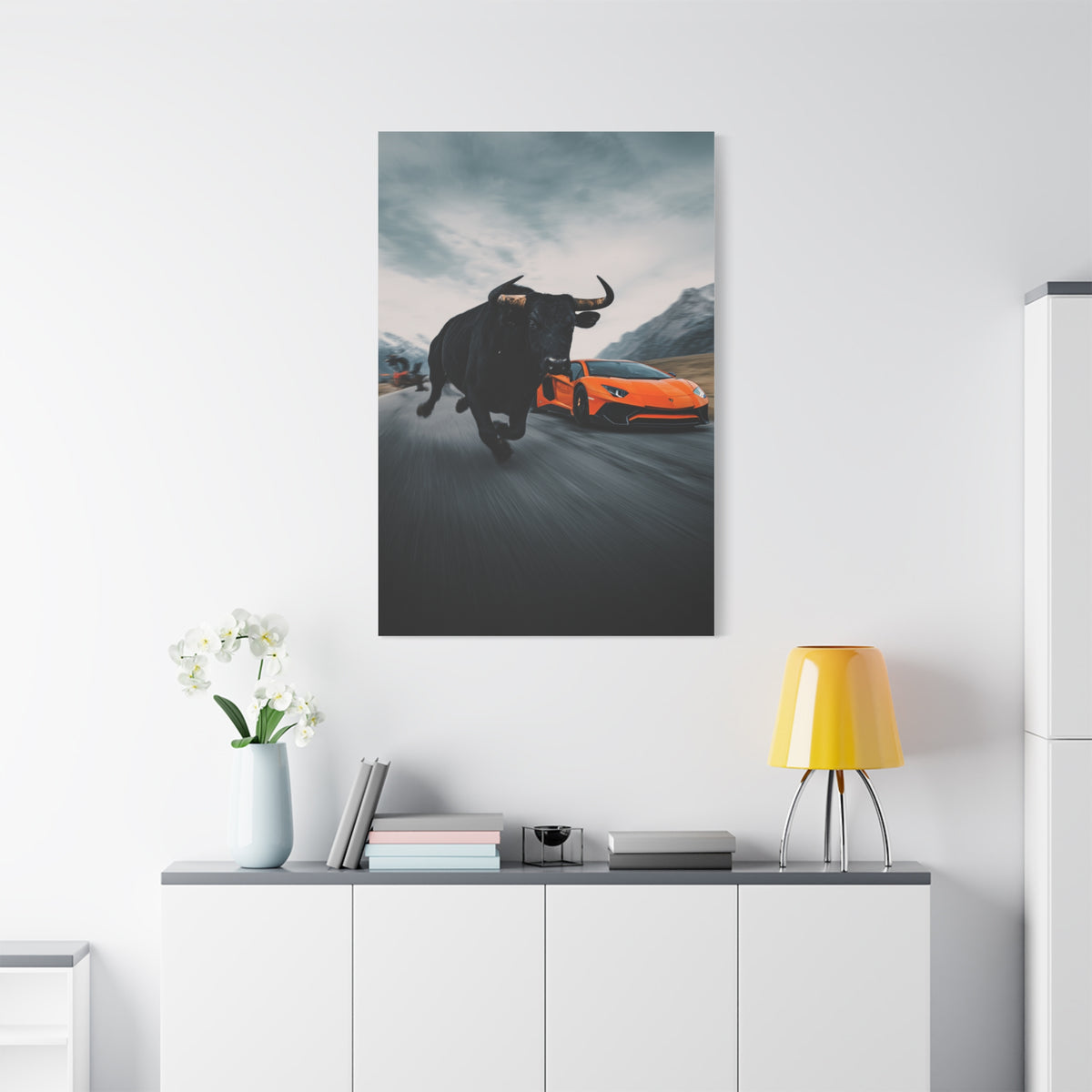 Charging Bull vs Lamborghini Aventador Power Duel Wall Art & Canvas Print