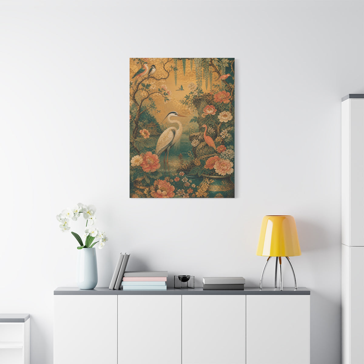 Golden Chinoiserie Garden Scene Wall Art & Canvas Print
