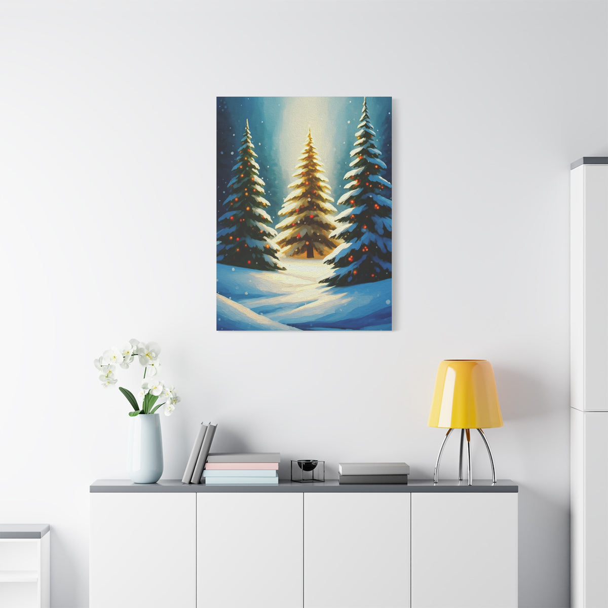 Impressionist Christmas Pine Forest with Falling Snow Wall Art & Canvas Print