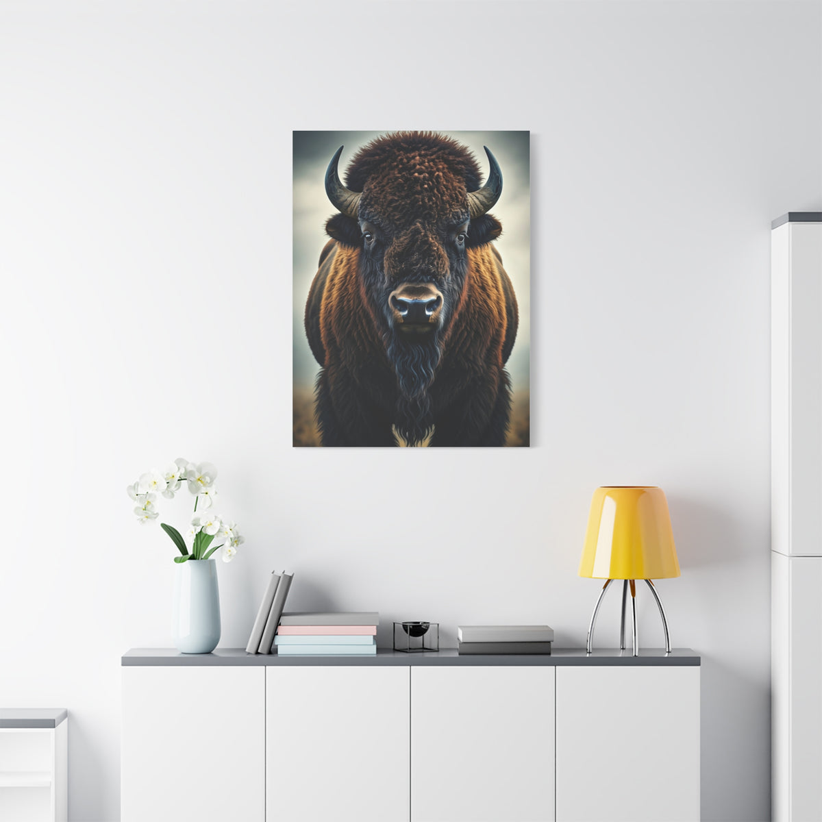 Symmetrical American Bison Portrait with Dramatic Overcast Lighting Wall Art & Canvas Print