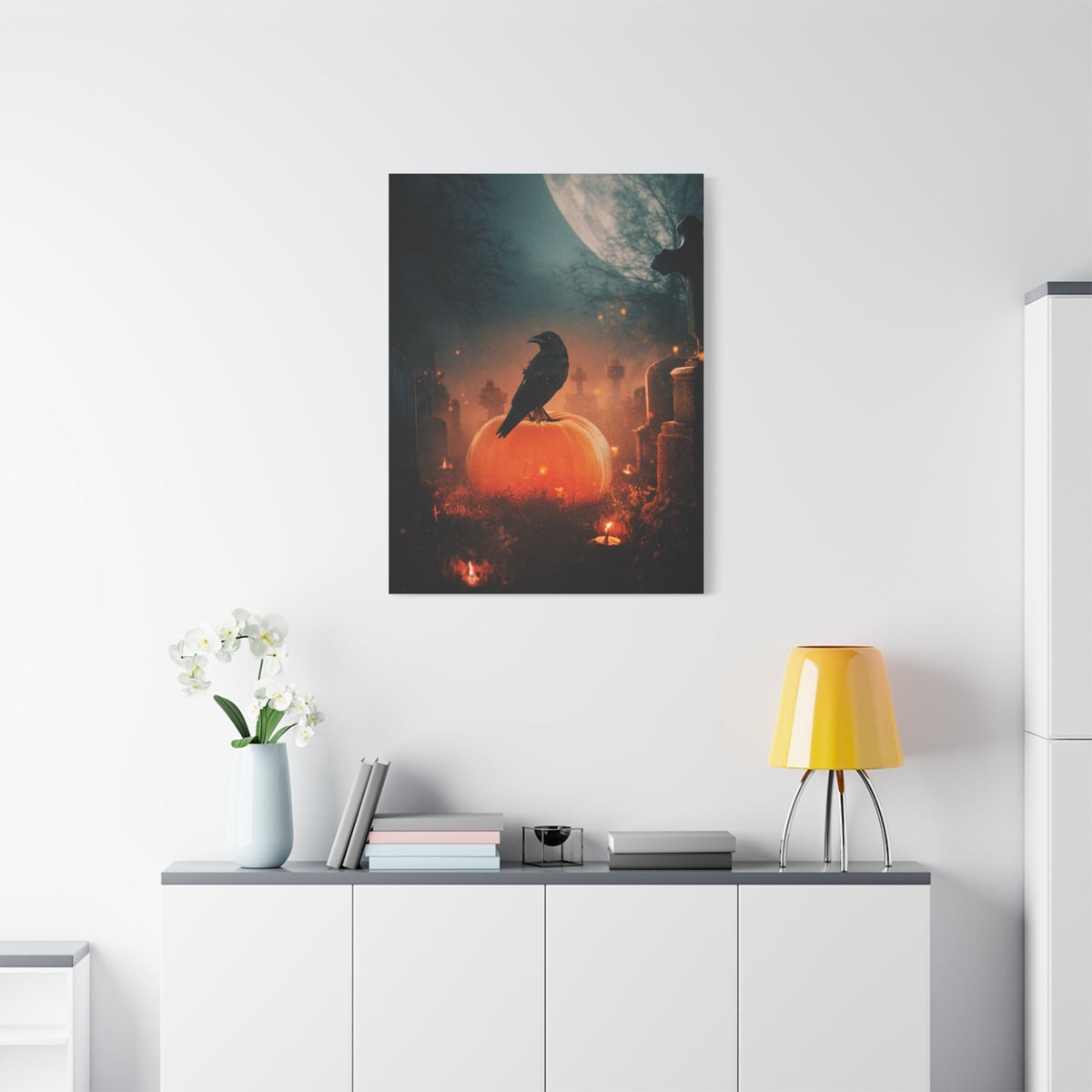 Crow on Pumpkin in Moonlit Graveyard Wall Art & Canvas Print