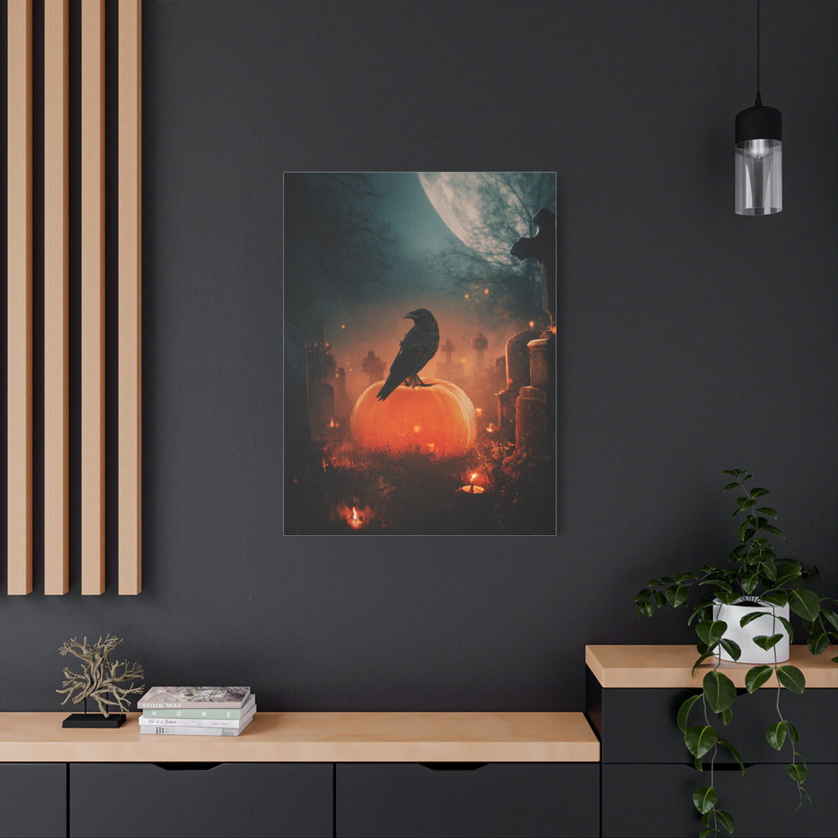 Crow on Pumpkin in Moonlit Graveyard Wall Art & Canvas Print
