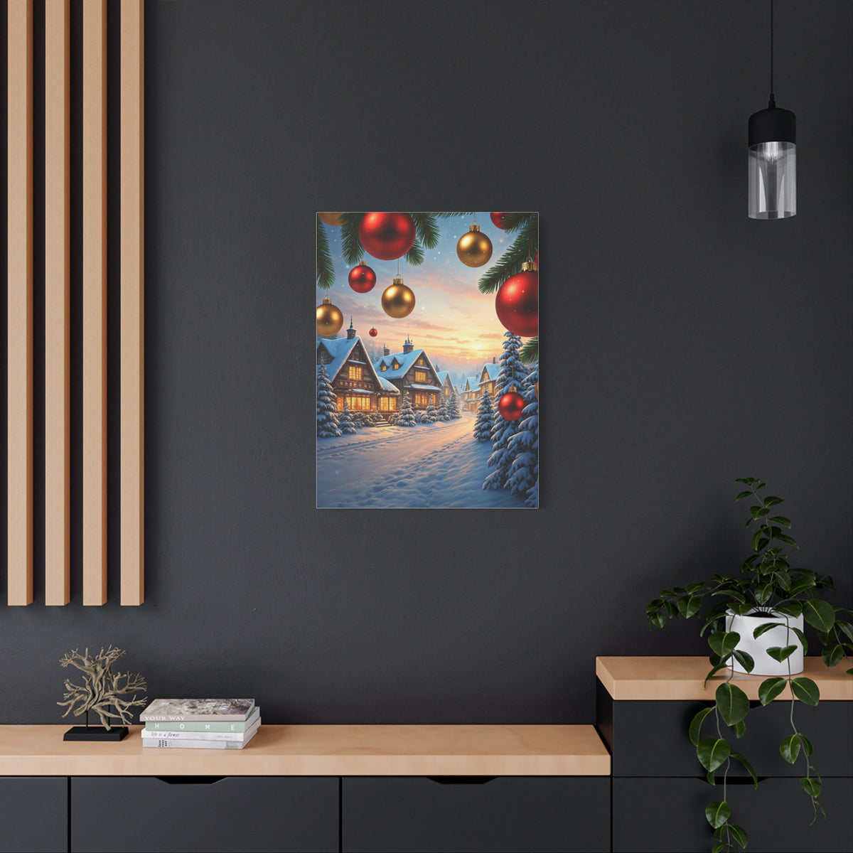 Snowy Christmas Village With Festive Ornaments Wall Art & Canvas Print