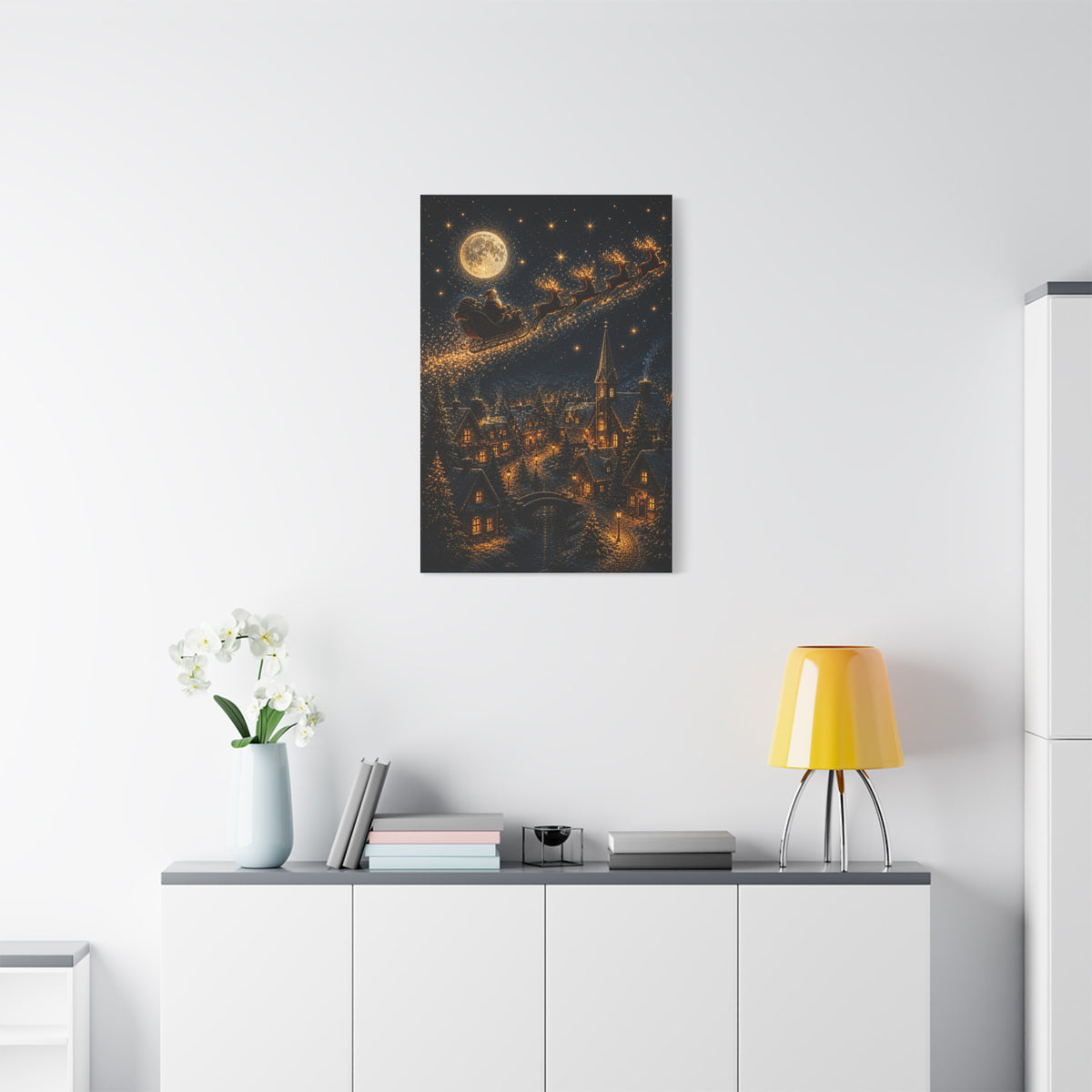 Moonlit Santa Sleigh Over Winter Village Wall Art & Canvas Print